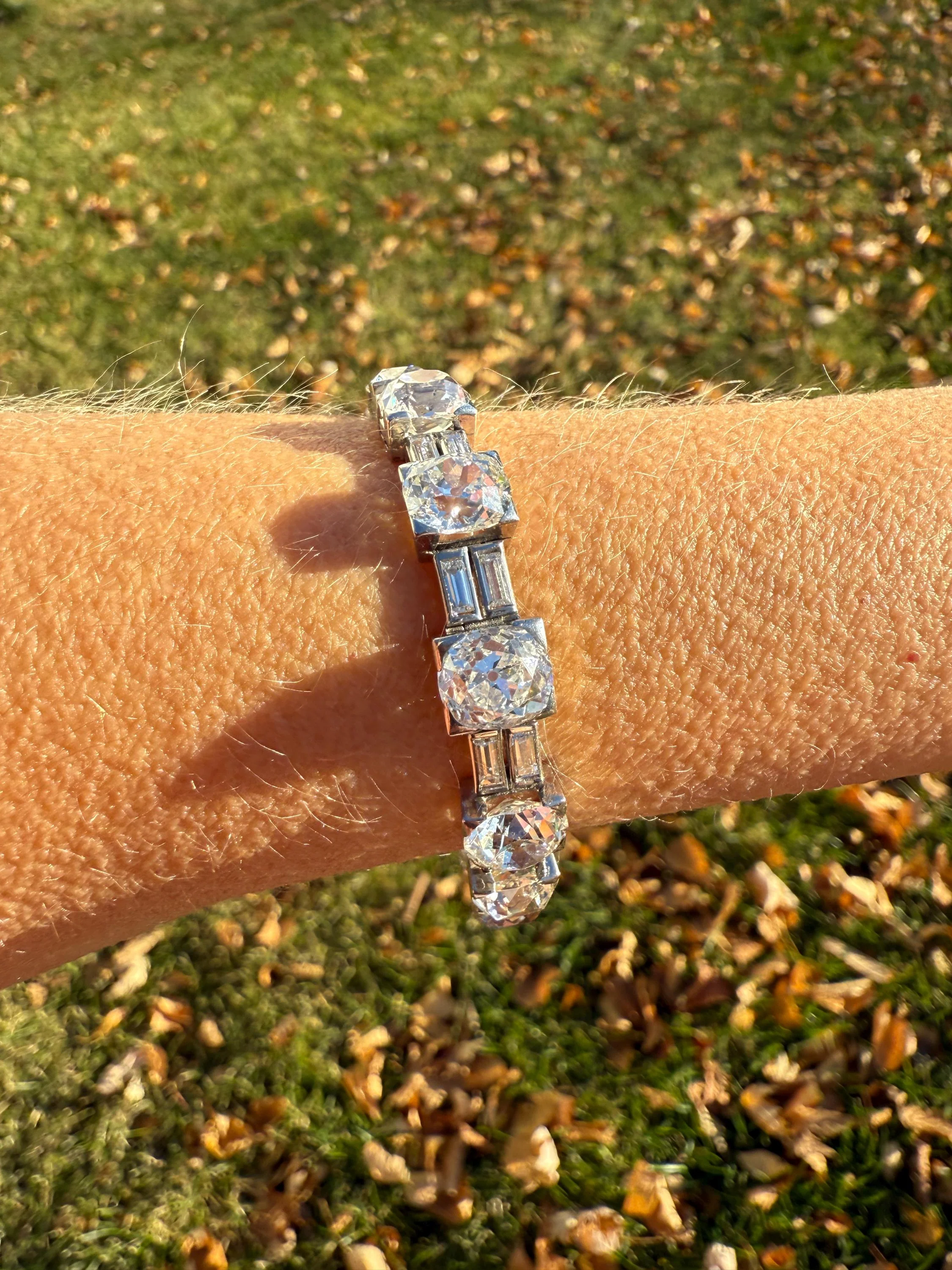 Art Deco 22 CARATS Old Mine Cut DIAMOND Baguette Spacers Tennis Line Bracelet Boxed French Antique 18k White Gold Wriststack OMC Eye Clean - Image 11