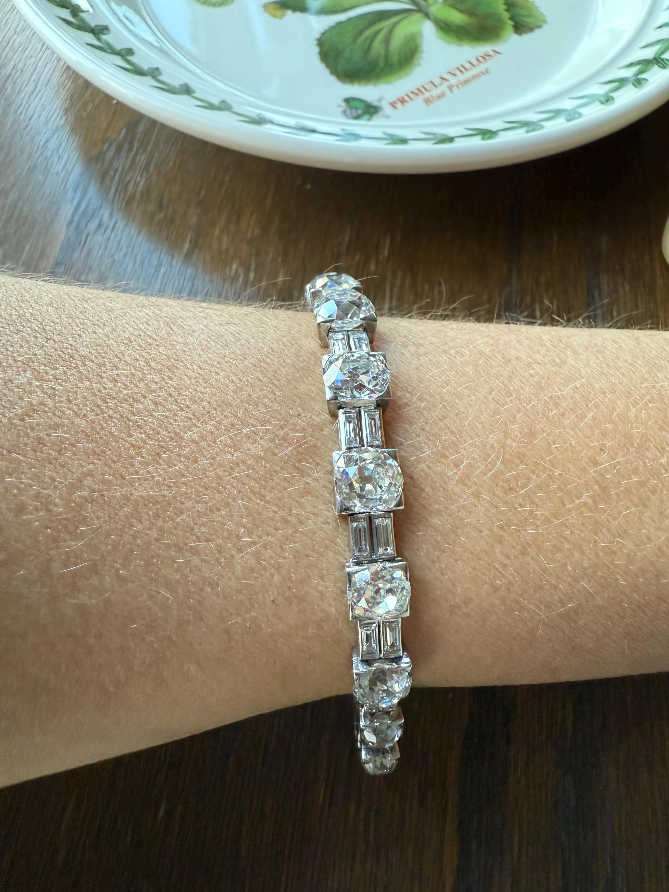 Art Deco 22 CARATS Old Mine Cut DIAMOND Baguette Spacers Tennis Line Bracelet Boxed French Antique 18k White Gold Wriststack OMC Eye Clean - Image 13