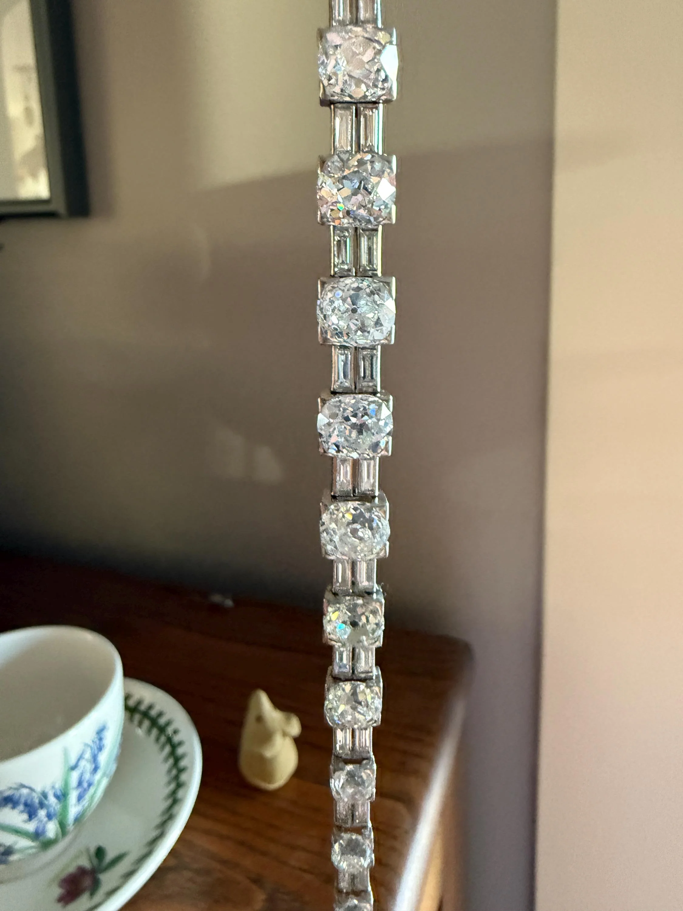 Art Deco 22 CARATS Old Mine Cut DIAMOND Baguette Spacers Tennis Line Bracelet Boxed French Antique 18k White Gold Wriststack OMC Eye Clean - Image 16