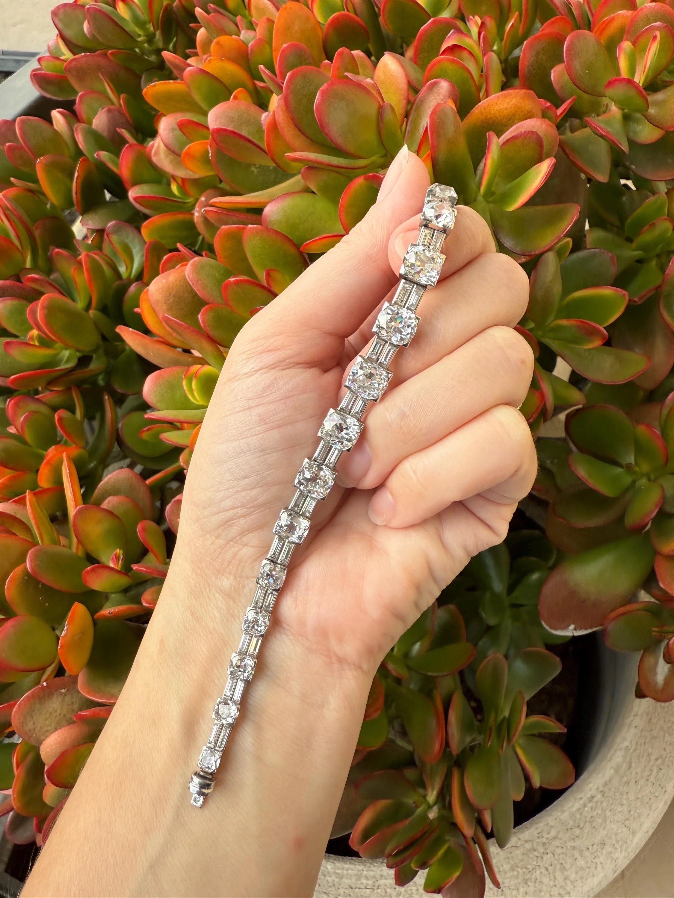 Art Deco 22 CARATS Old Mine Cut DIAMOND Baguette Spacers Tennis Line Bracelet Boxed French Antique 18k White Gold Wriststack OMC Eye Clean - Image 17