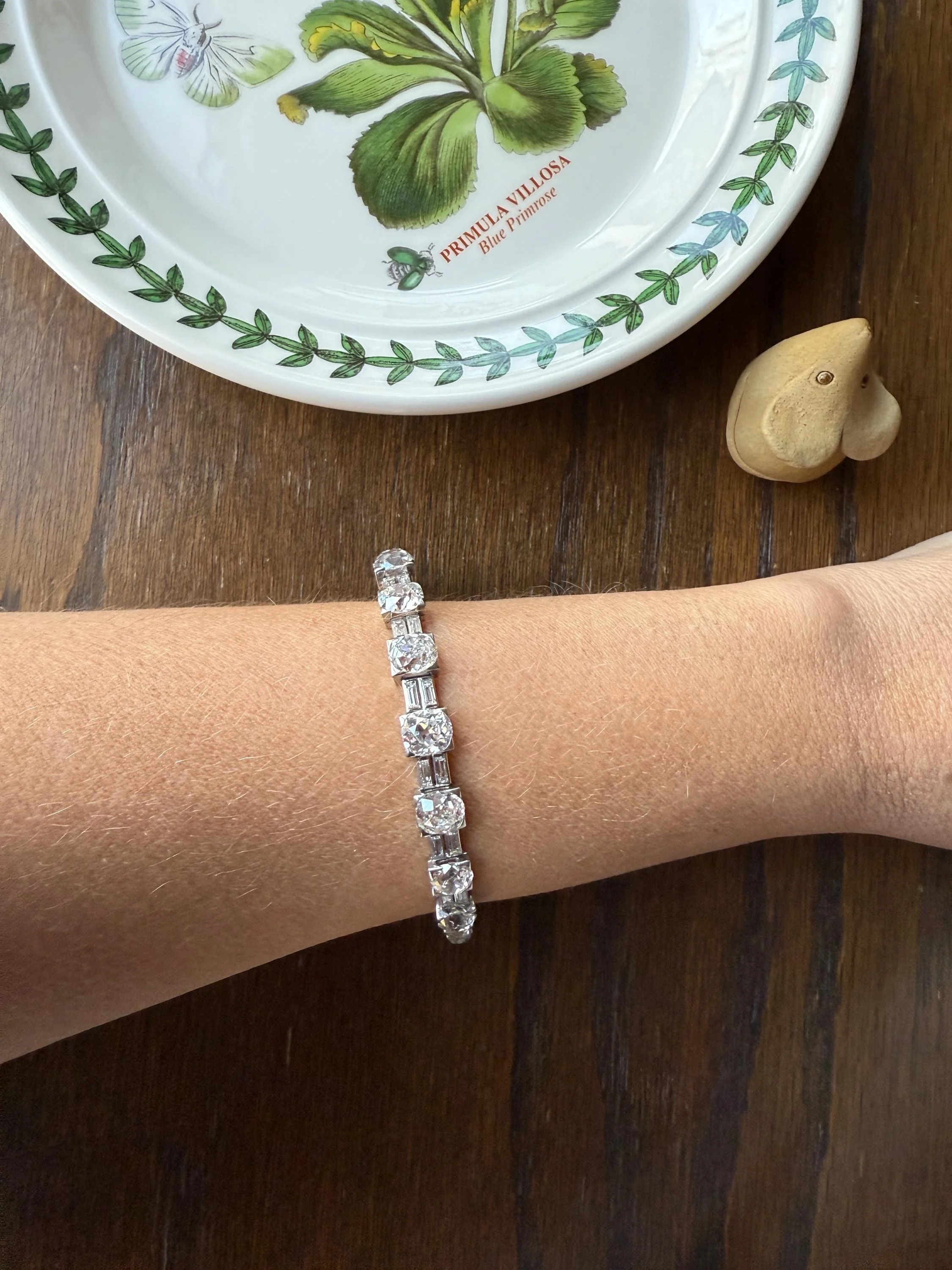 Art Deco 22 CARATS Old Mine Cut DIAMOND Baguette Spacers Tennis Line Bracelet Boxed French Antique 18k White Gold Wriststack OMC Eye Clean - Image 18