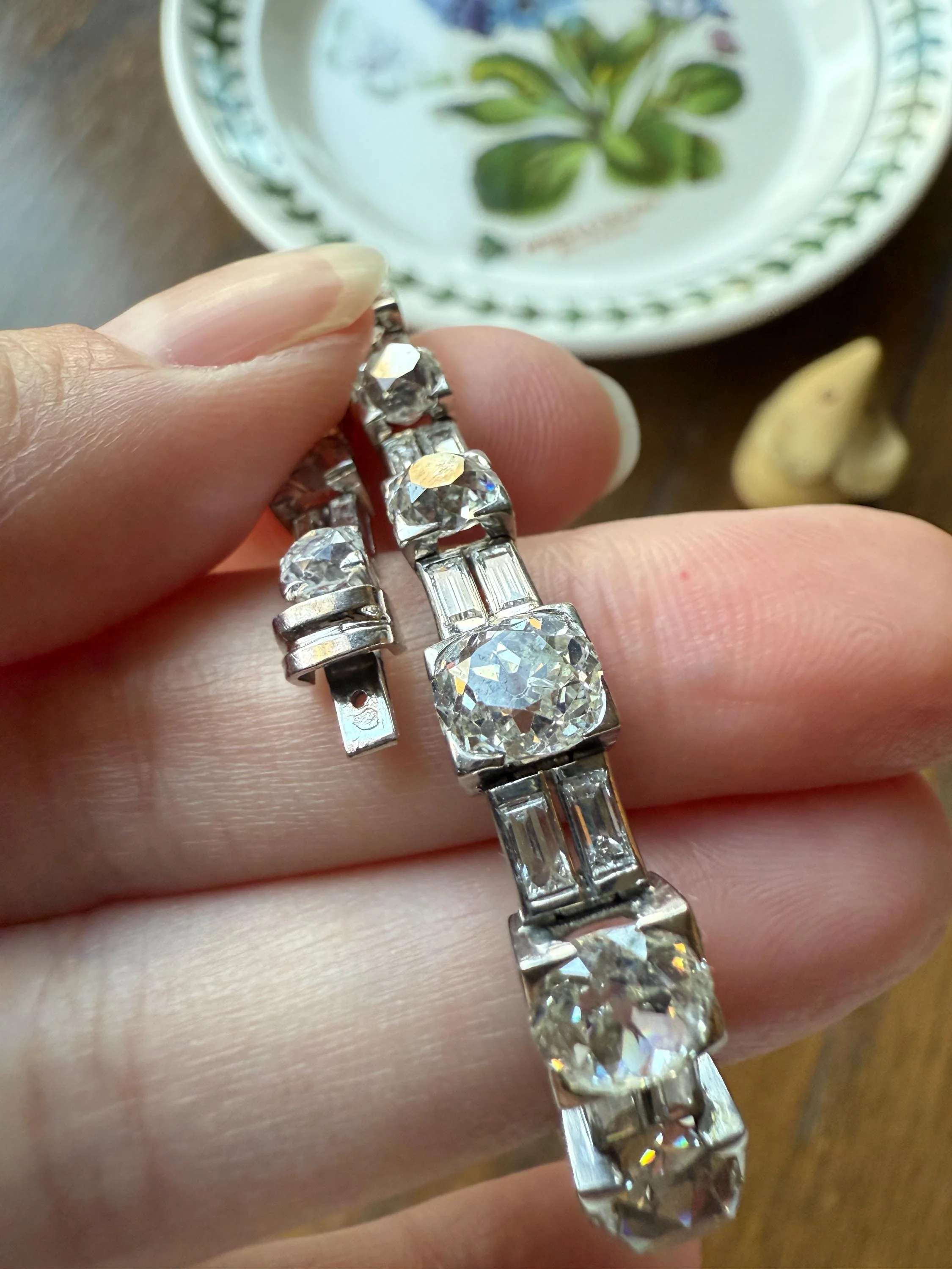 Art Deco 22 CARATS Old Mine Cut DIAMOND Baguette Spacers Tennis Line Bracelet Boxed French Antique 18k White Gold Wriststack OMC Eye Clean - Image 19