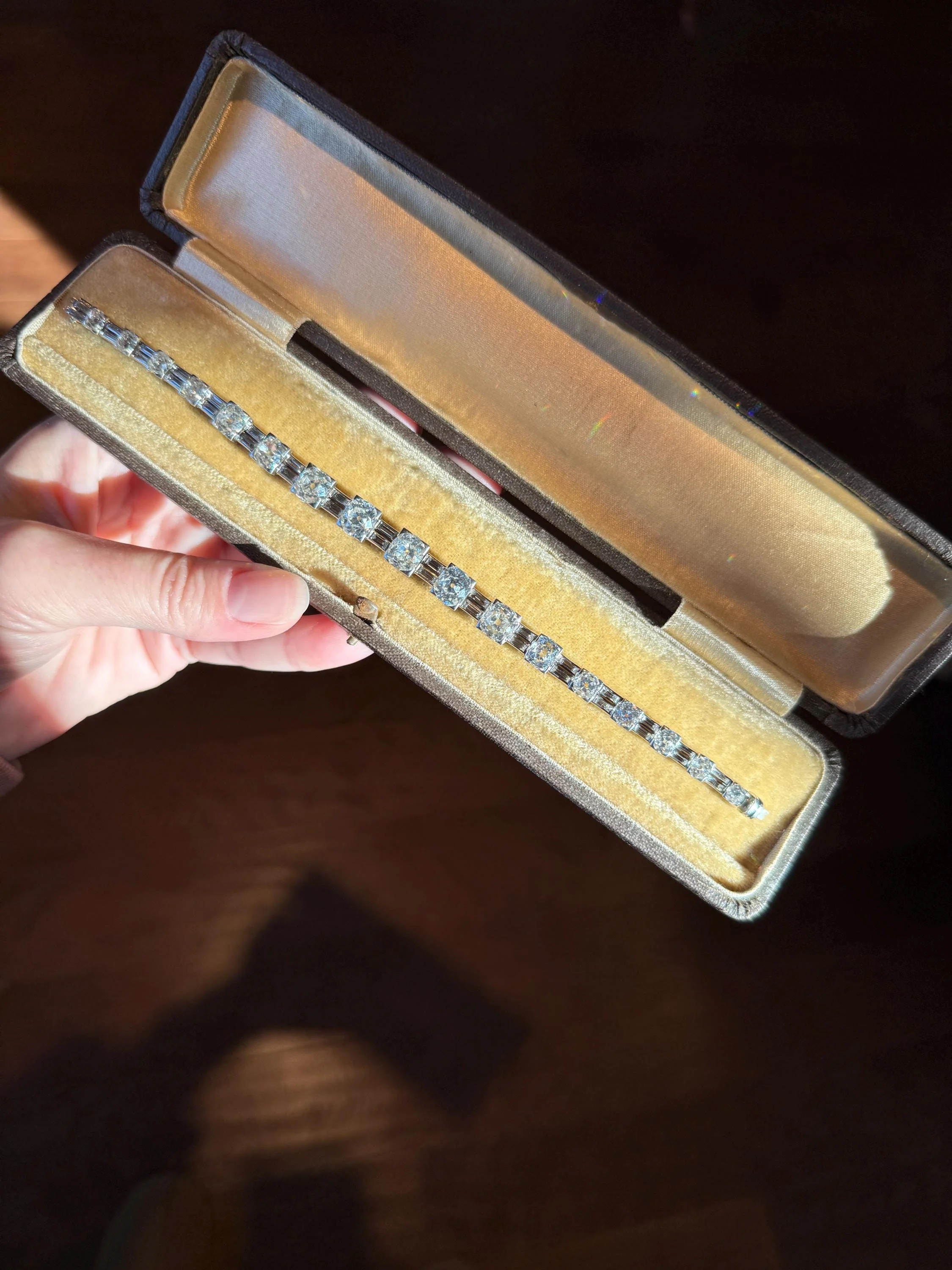 Art Deco 22 CARATS Old Mine Cut DIAMOND Baguette Spacers Tennis Line Bracelet Boxed French Antique 18k White Gold Wriststack OMC Eye Clean - Image 2