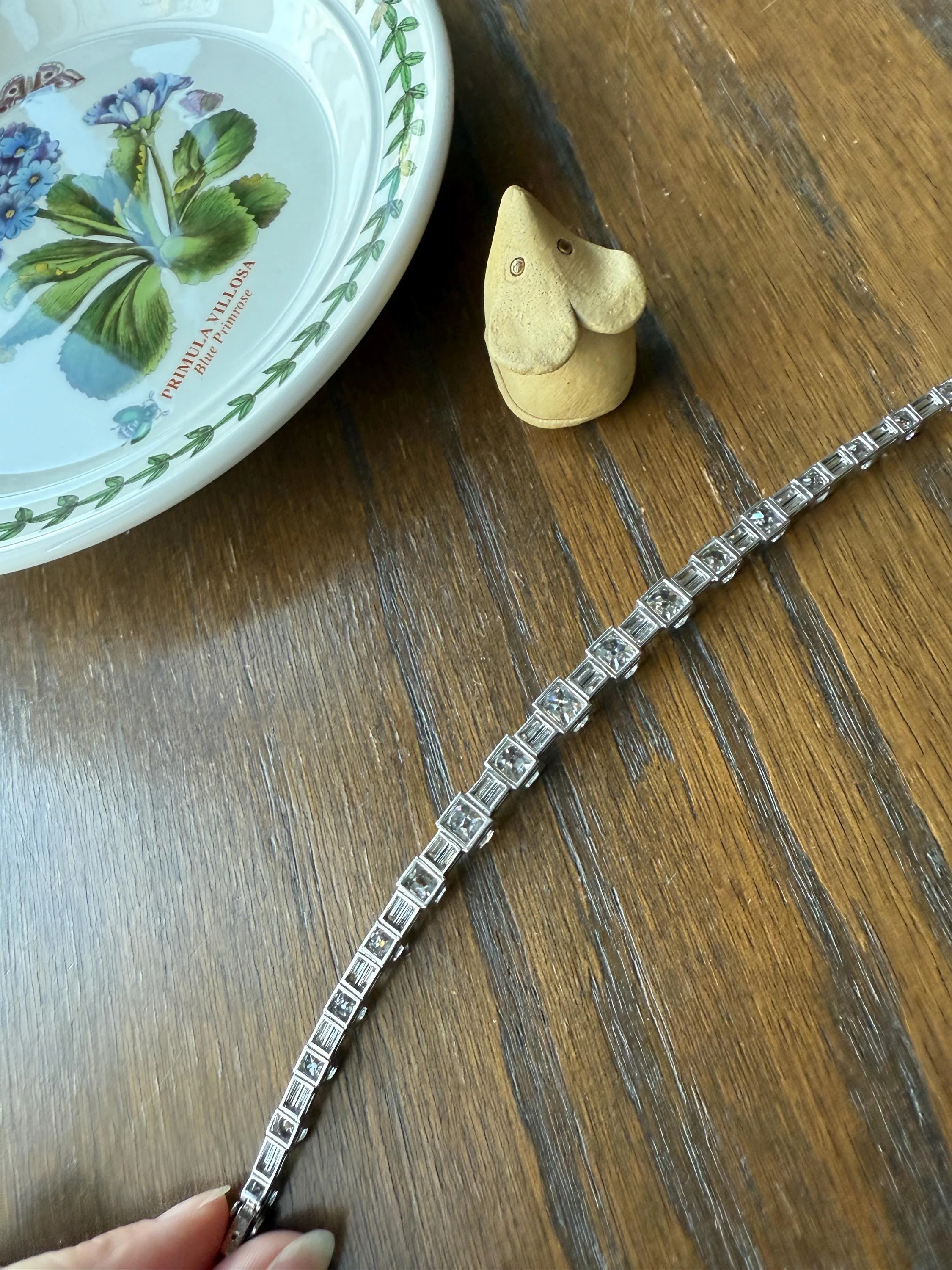 Art Deco 22 CARATS Old Mine Cut DIAMOND Baguette Spacers Tennis Line Bracelet Boxed French Antique 18k White Gold Wriststack OMC Eye Clean - Image 20