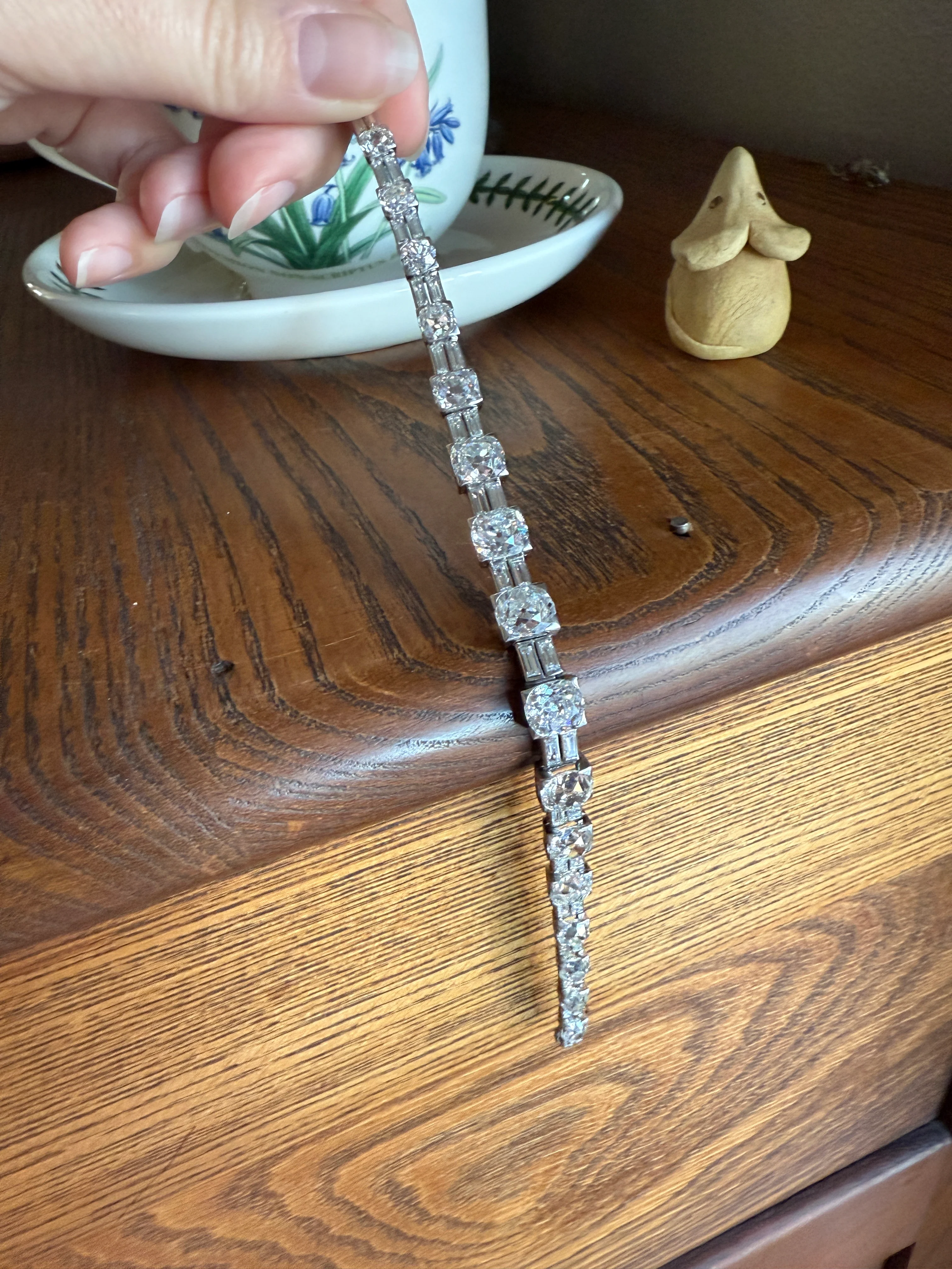 Art Deco 22 CARATS Old Mine Cut DIAMOND Baguette Spacers Tennis Line Bracelet Boxed French Antique 18k White Gold Wriststack OMC Eye Clean - Image 26