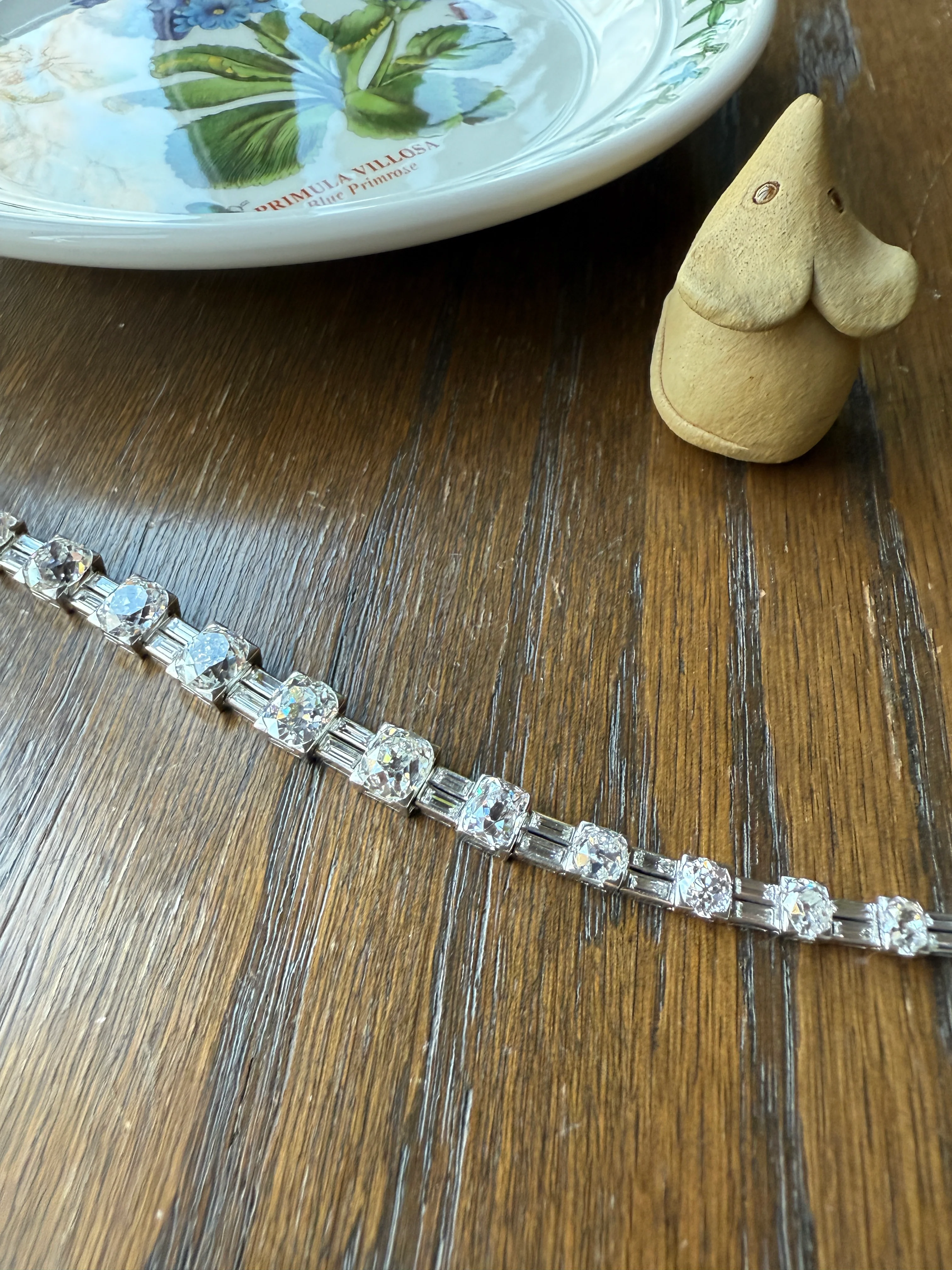 Art Deco 22 CARATS Old Mine Cut DIAMOND Baguette Spacers Tennis Line Bracelet Boxed French Antique 18k White Gold Wriststack OMC Eye Clean - Image 28