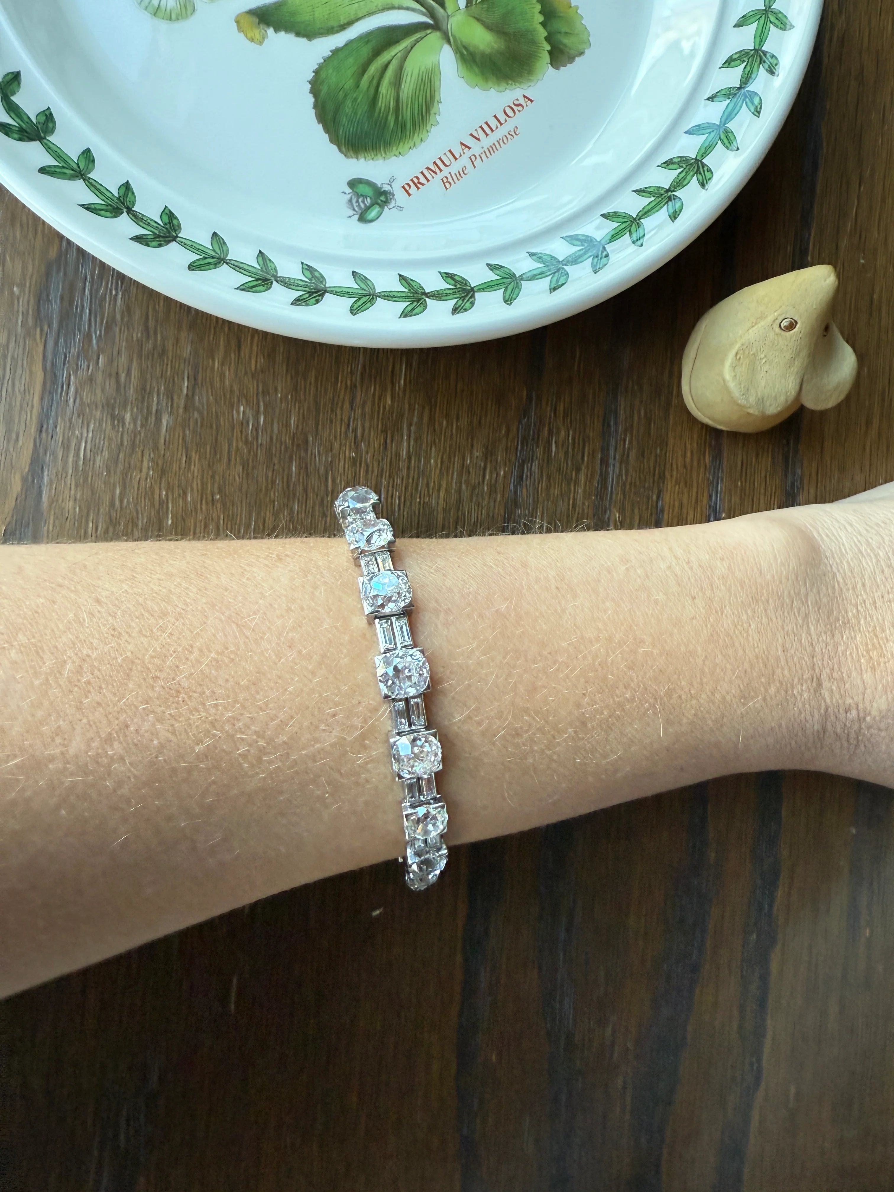 Art Deco 22 CARATS Old Mine Cut DIAMOND Baguette Spacers Tennis Line Bracelet Boxed French Antique 18k White Gold Wriststack OMC Eye Clean - Image 29