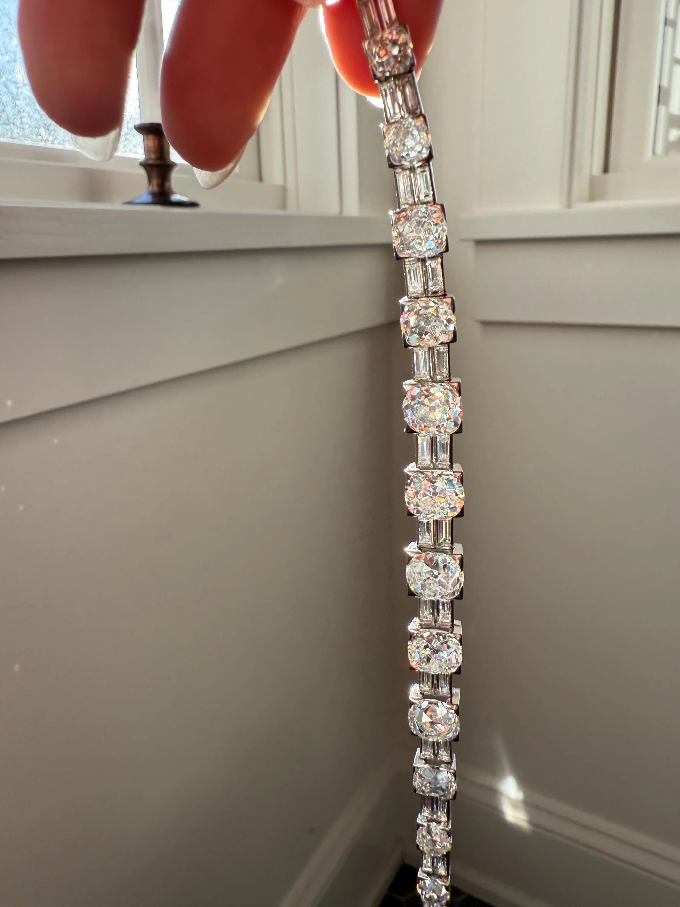 Art Deco 22 CARATS Old Mine Cut DIAMOND Baguette Spacers Tennis Line Bracelet Boxed French Antique 18k White Gold Wriststack OMC Eye Clean - Image 3