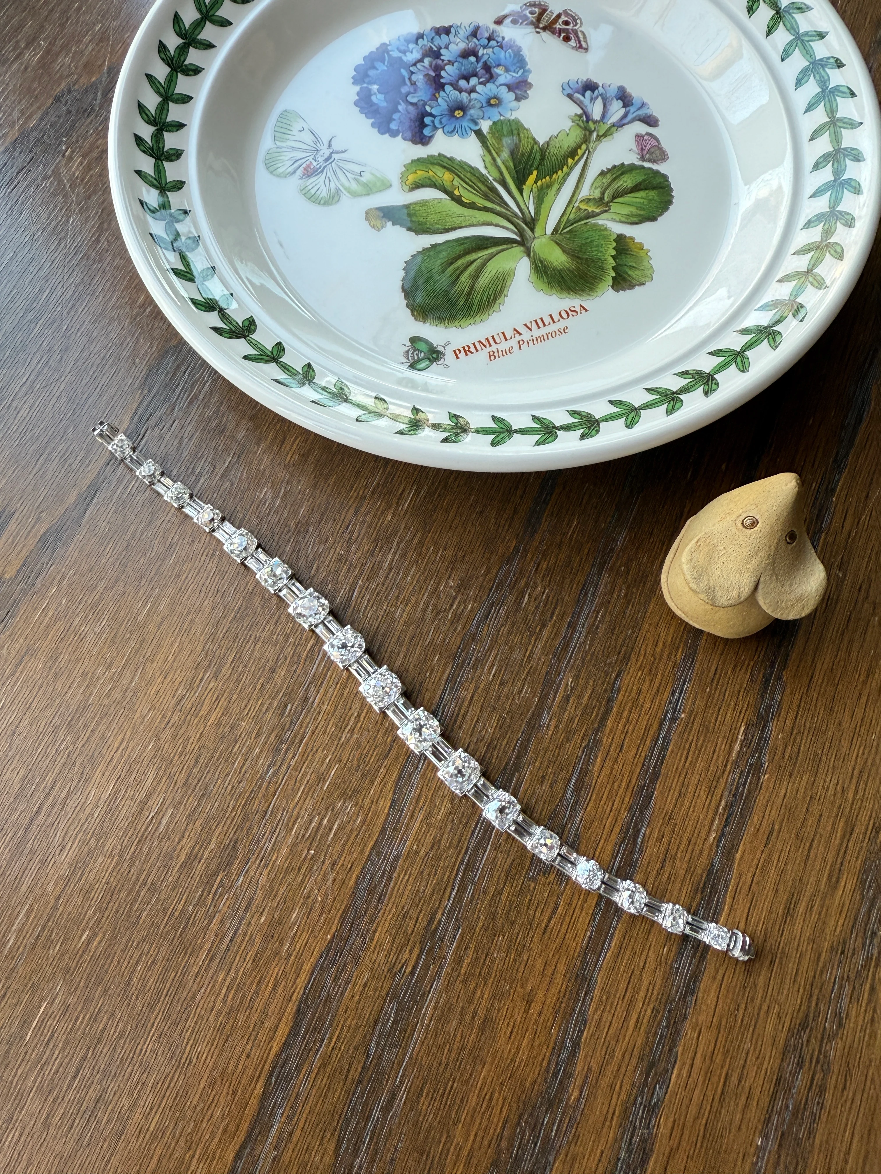 Art Deco 22 CARATS Old Mine Cut DIAMOND Baguette Spacers Tennis Line Bracelet Boxed French Antique 18k White Gold Wriststack OMC Eye Clean - Image 30