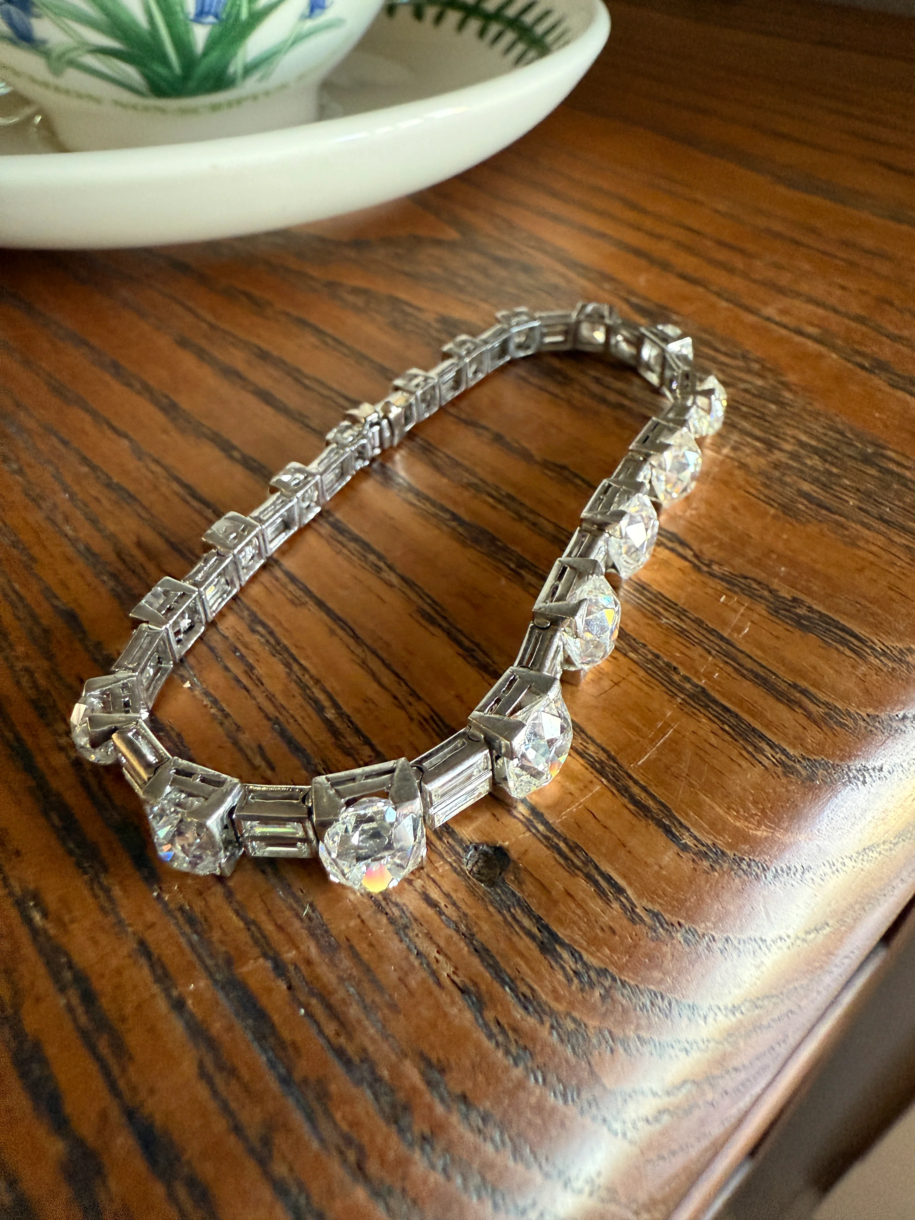 Art Deco 22 CARATS Old Mine Cut DIAMOND Baguette Spacers Tennis Line Bracelet Boxed French Antique 18k White Gold Wriststack OMC Eye Clean - Image 33