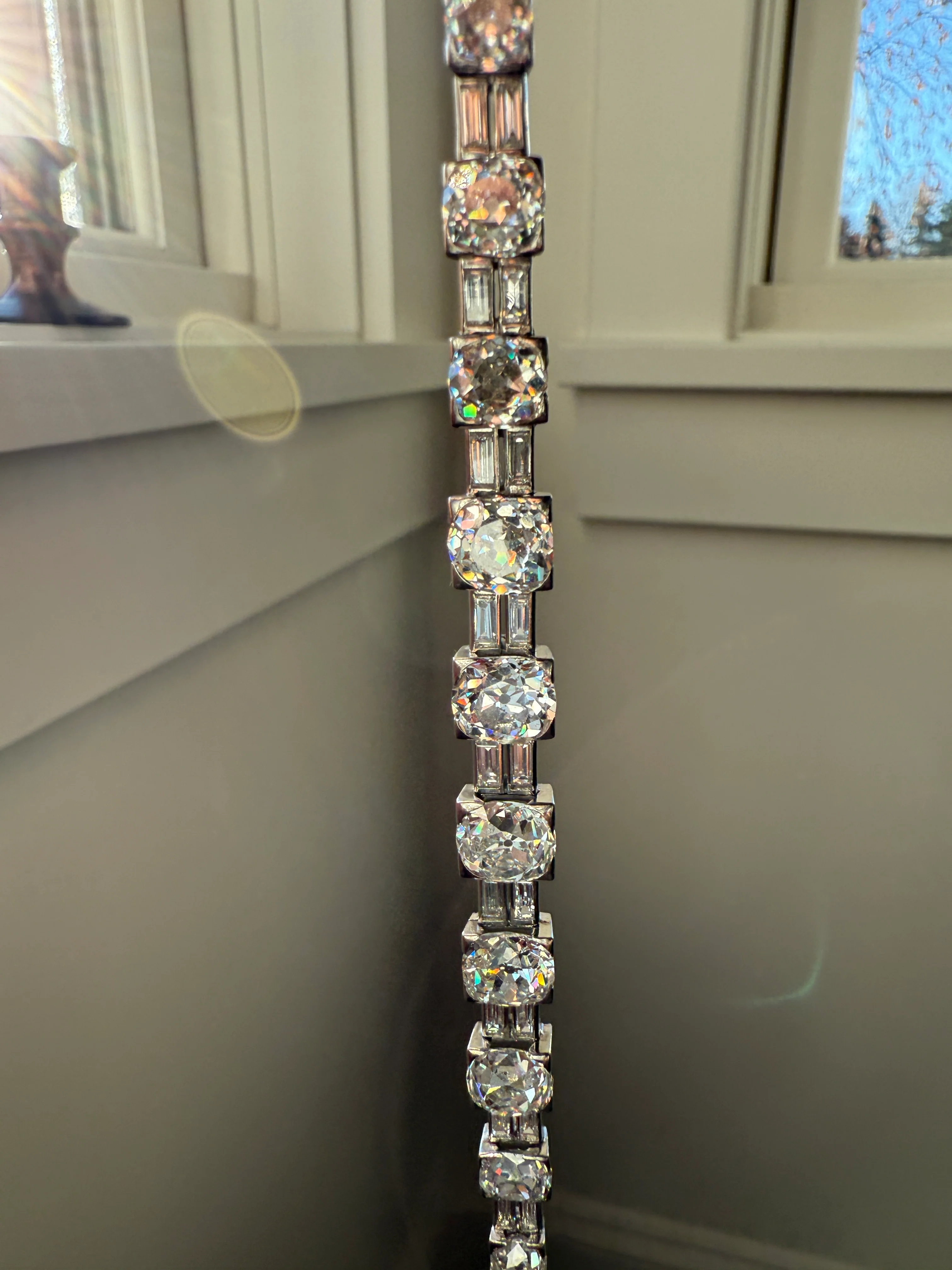 Art Deco 22 CARATS Old Mine Cut DIAMOND Baguette Spacers Tennis Line Bracelet Boxed French Antique 18k White Gold Wriststack OMC Eye Clean - Image 35