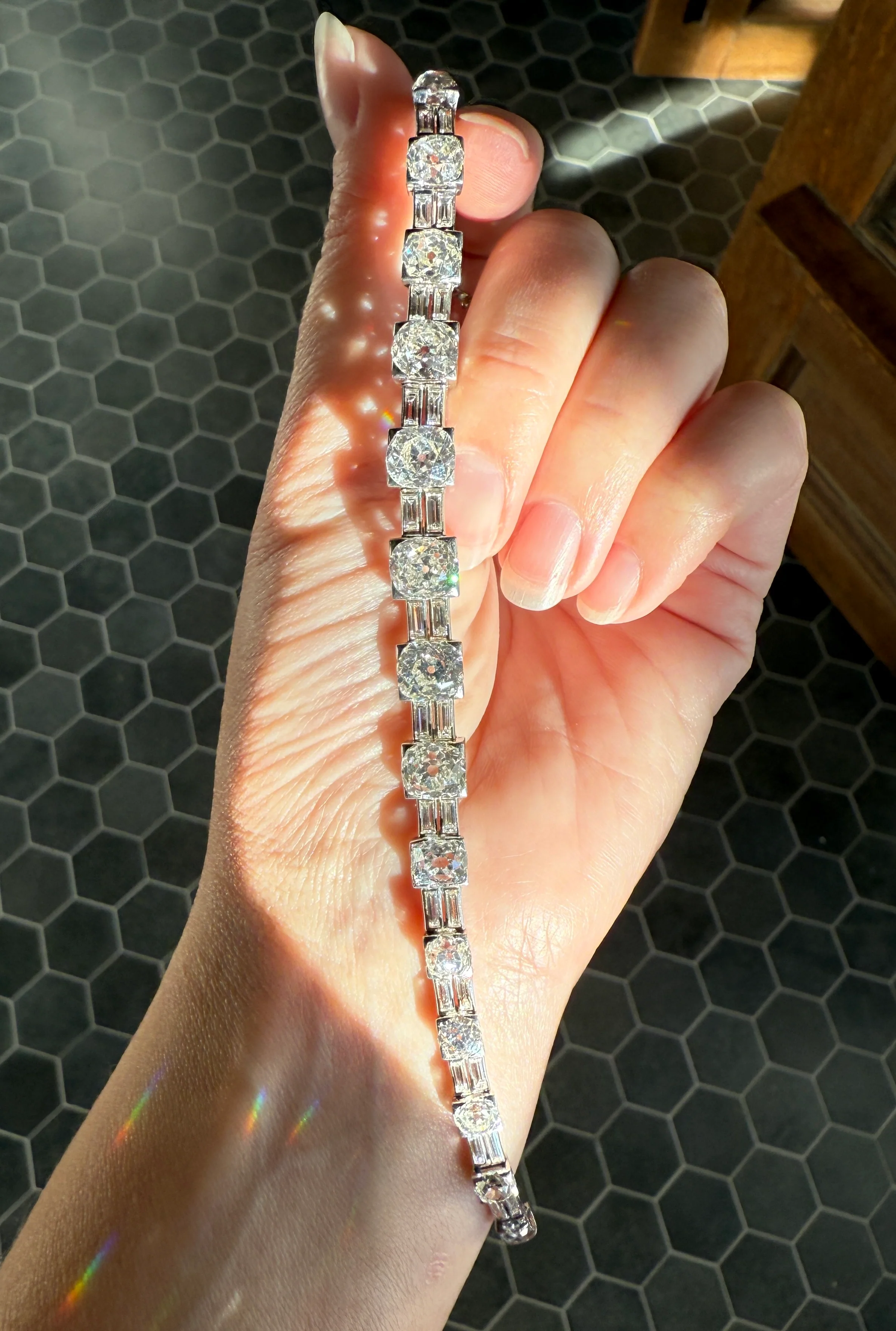 Art Deco 22 CARATS Old Mine Cut DIAMOND Baguette Spacers Tennis Line Bracelet Boxed French Antique 18k White Gold Wriststack OMC Eye Clean - Image 37