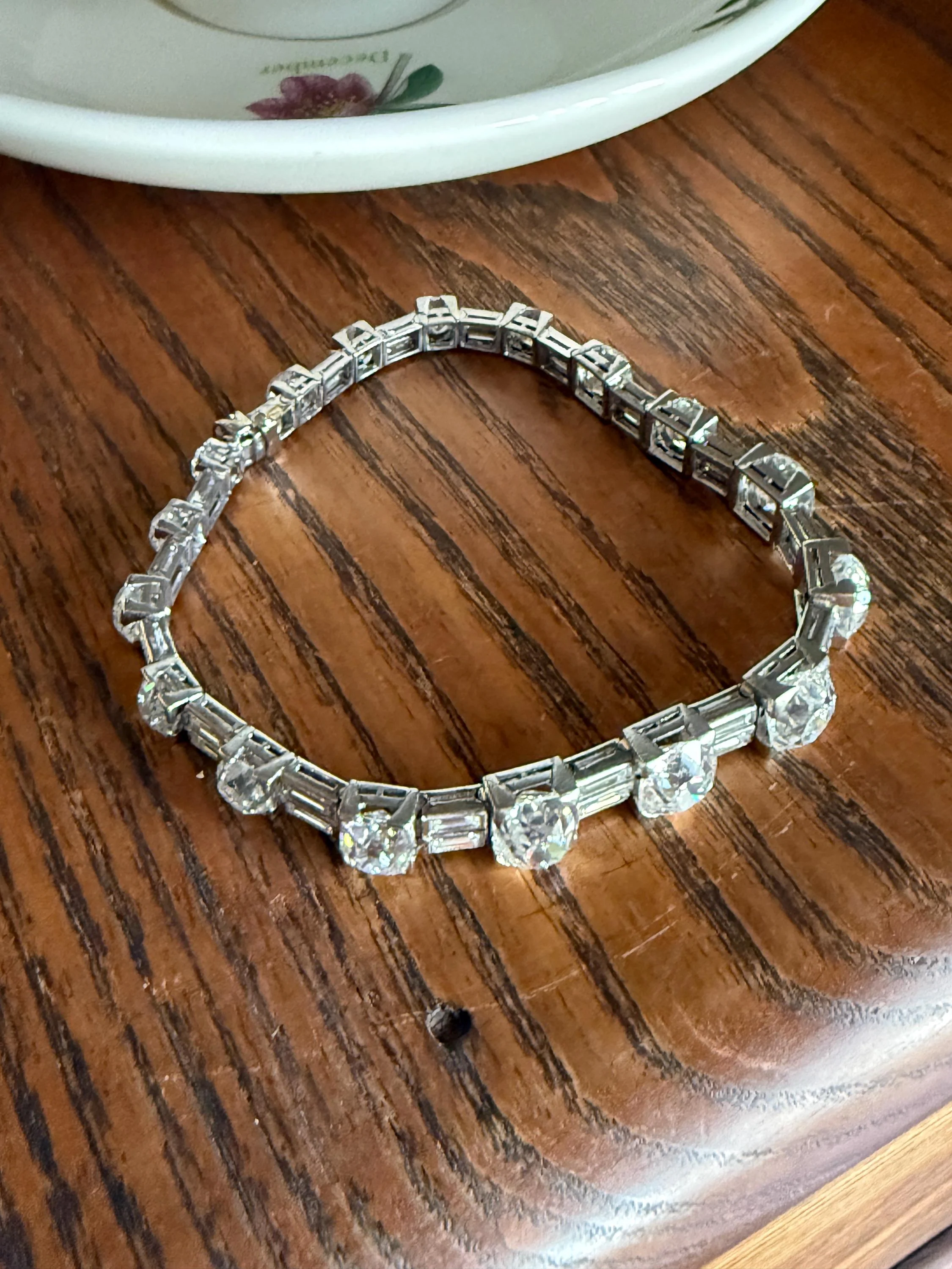 Art Deco 22 CARATS Old Mine Cut DIAMOND Baguette Spacers Tennis Line Bracelet Boxed French Antique 18k White Gold Wriststack OMC Eye Clean - Image 5