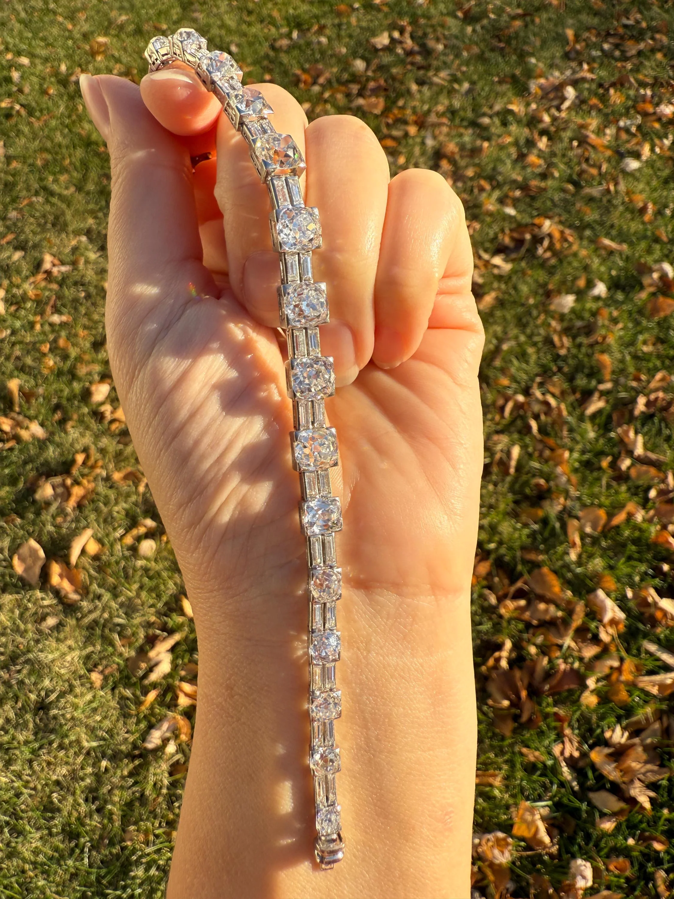 Art Deco 22 CARATS Old Mine Cut DIAMOND Baguette Spacers Tennis Line Bracelet Boxed French Antique 18k White Gold Wriststack OMC Eye Clean - Image 6
