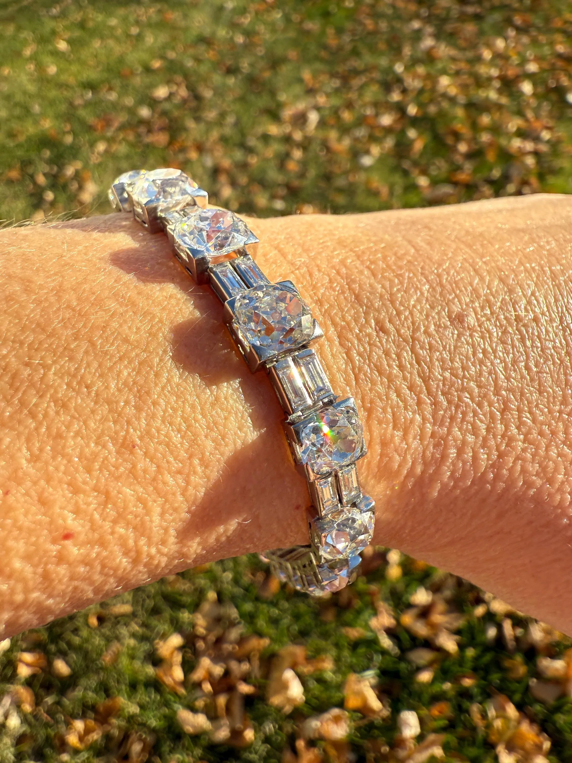Art Deco 22 CARATS Old Mine Cut DIAMOND Baguette Spacers Tennis Line Bracelet Boxed French Antique 18k White Gold Wriststack OMC Eye Clean - Image 8