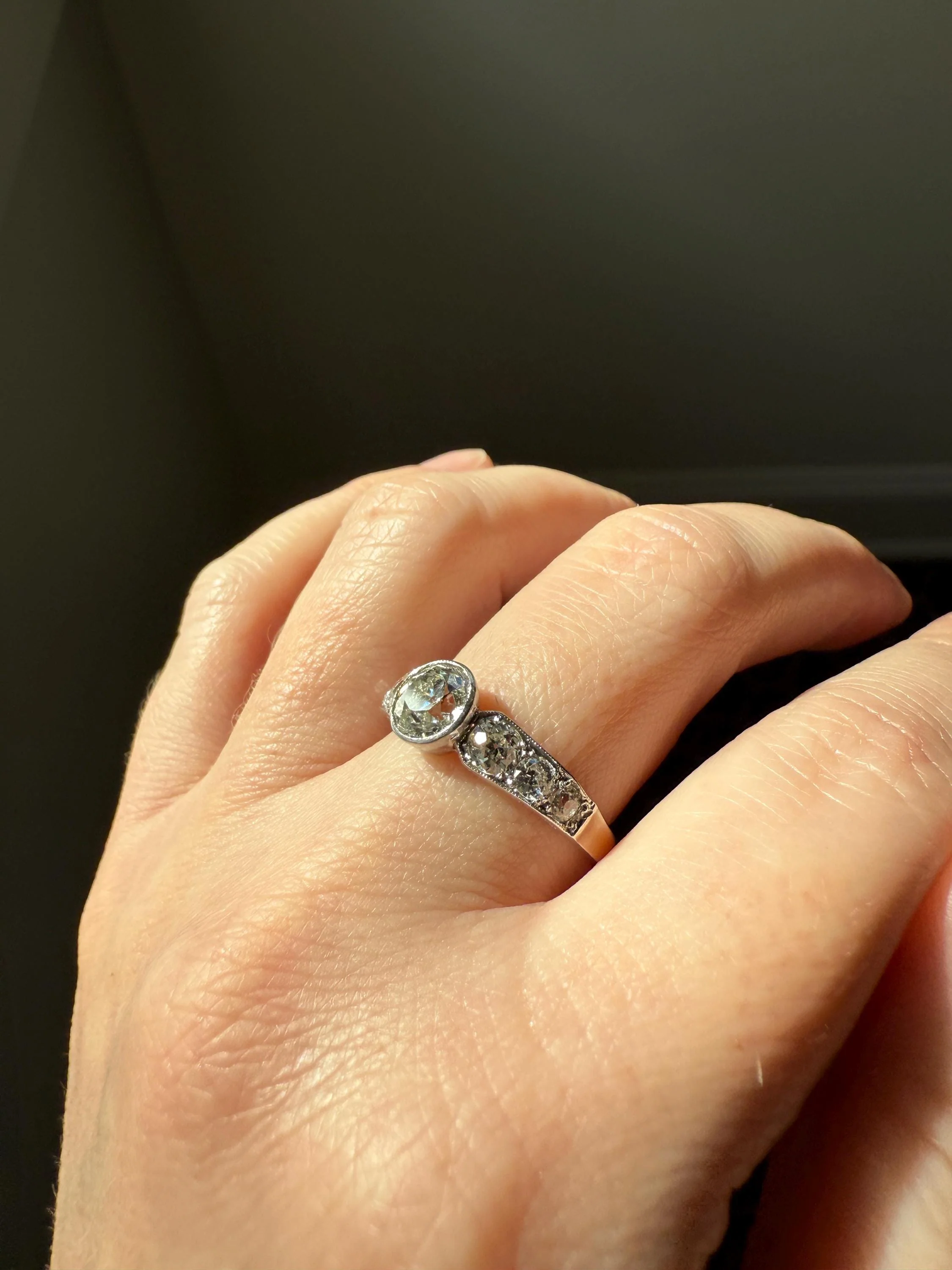 Art Deco Antique Bezel Set Eye Clean 1.85 Carat Tdw Old Mine Cut Diamond Seven Stone Solitaire w/ Accents 18k White Gold & Platinum - Image 10