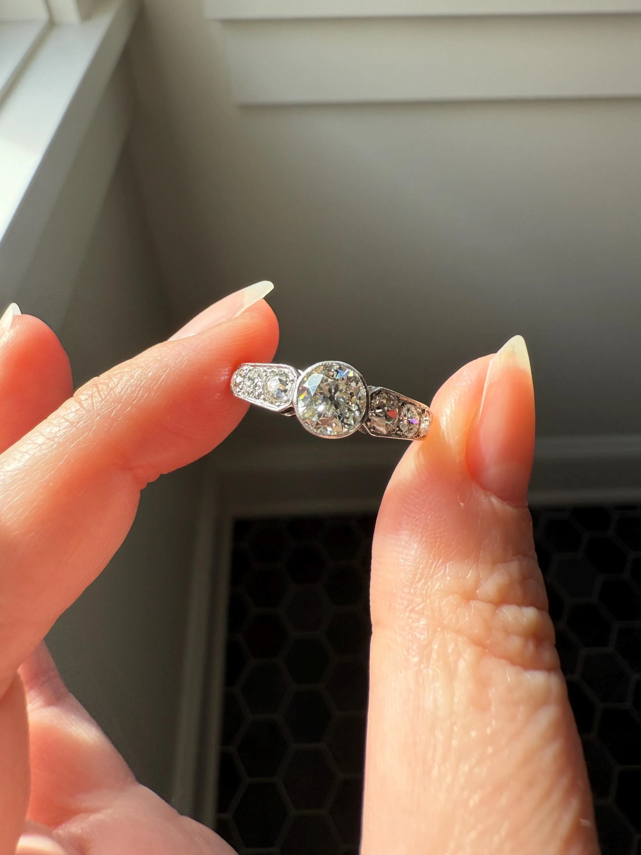 Art Deco Antique Bezel Set Eye Clean 1.85 Carat Tdw Old Mine Cut Diamond Seven Stone Solitaire w/ Accents 18k White Gold & Platinum - Image 12