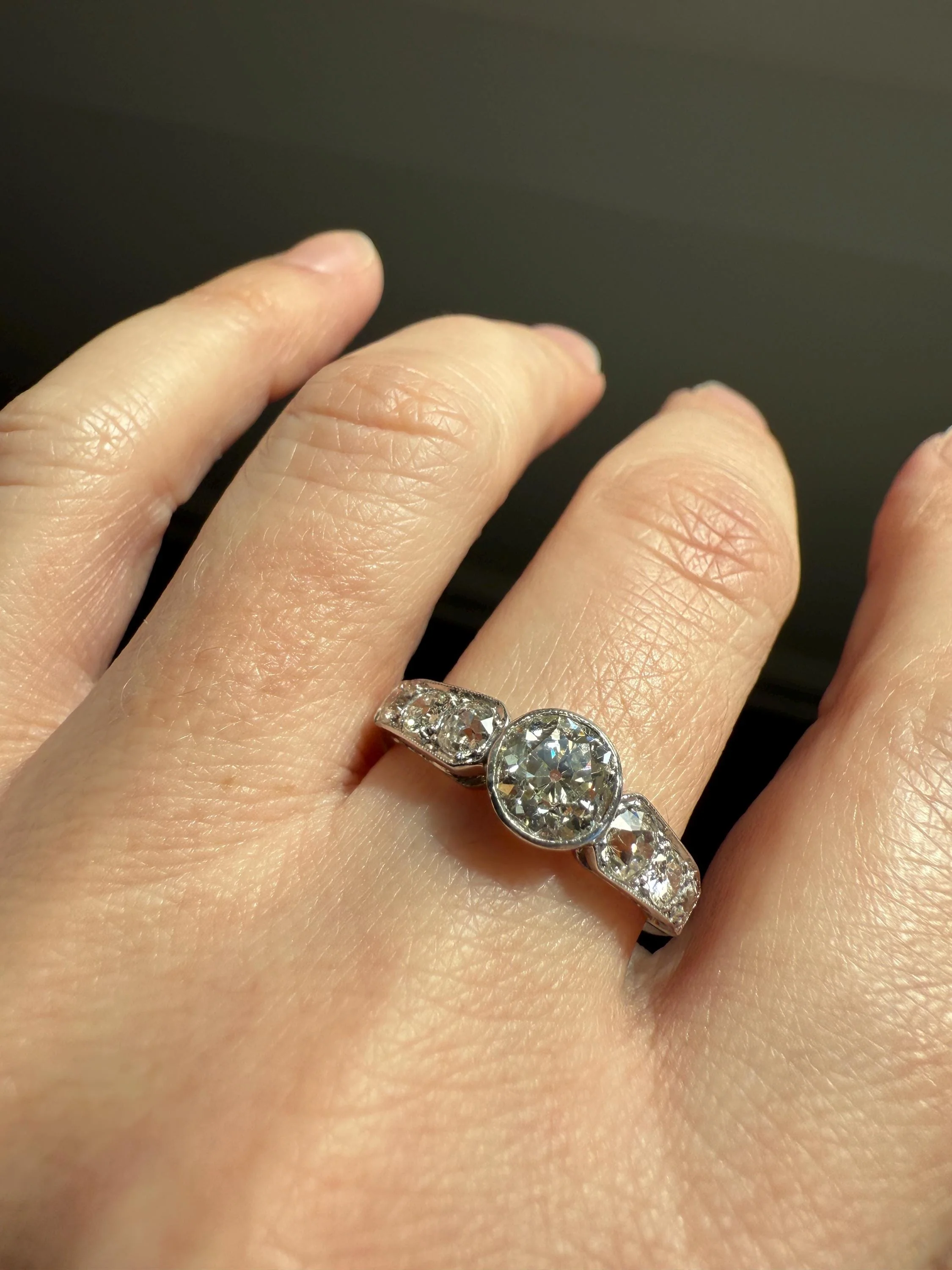Art Deco Antique Bezel Set Eye Clean 1.85 Carat Tdw Old Mine Cut Diamond Seven Stone Solitaire w/ Accents 18k White Gold & Platinum - Image 13