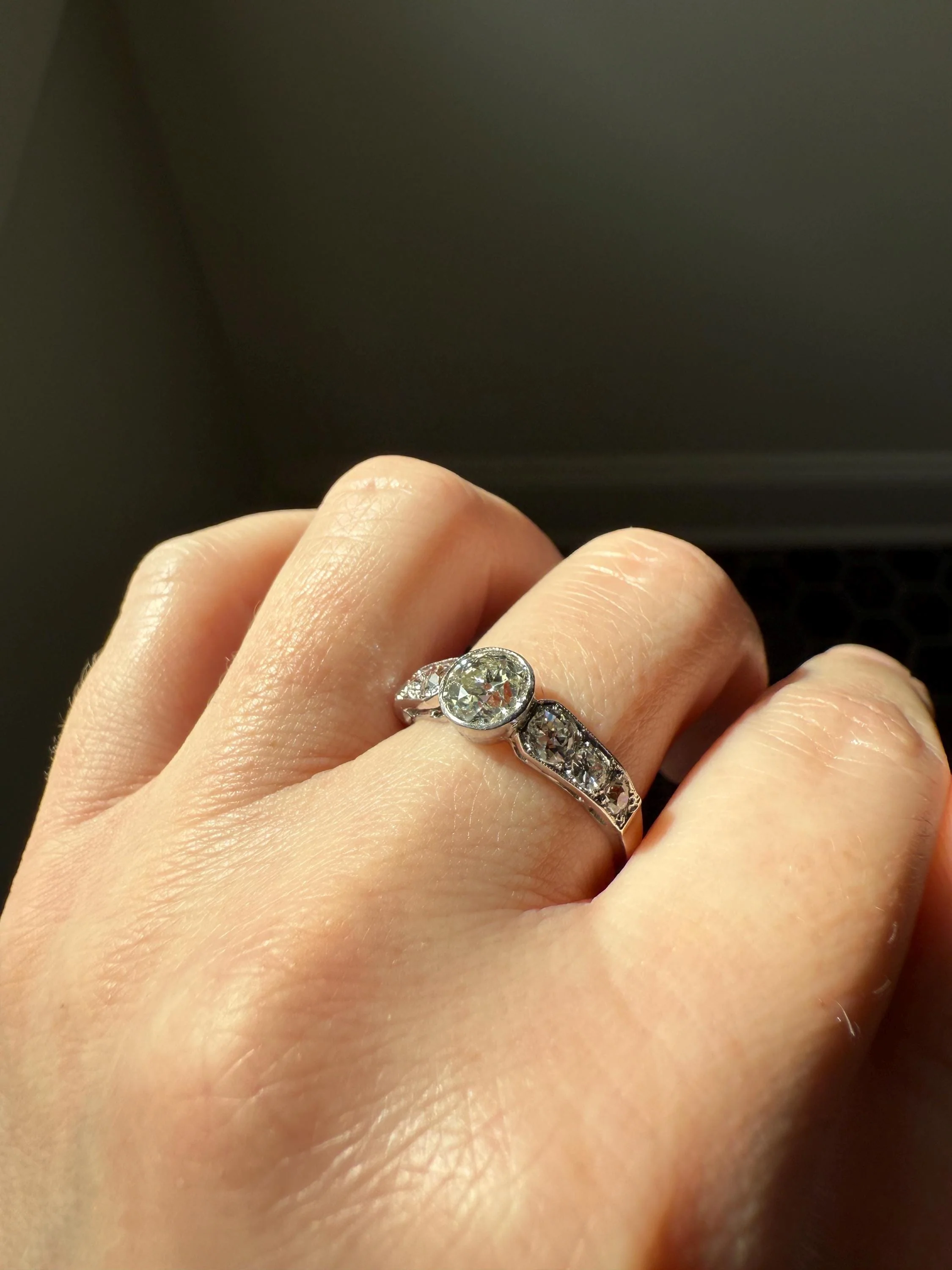 Art Deco Antique Bezel Set Eye Clean 1.85 Carat Tdw Old Mine Cut Diamond Seven Stone Solitaire w/ Accents 18k White Gold & Platinum - Image 15