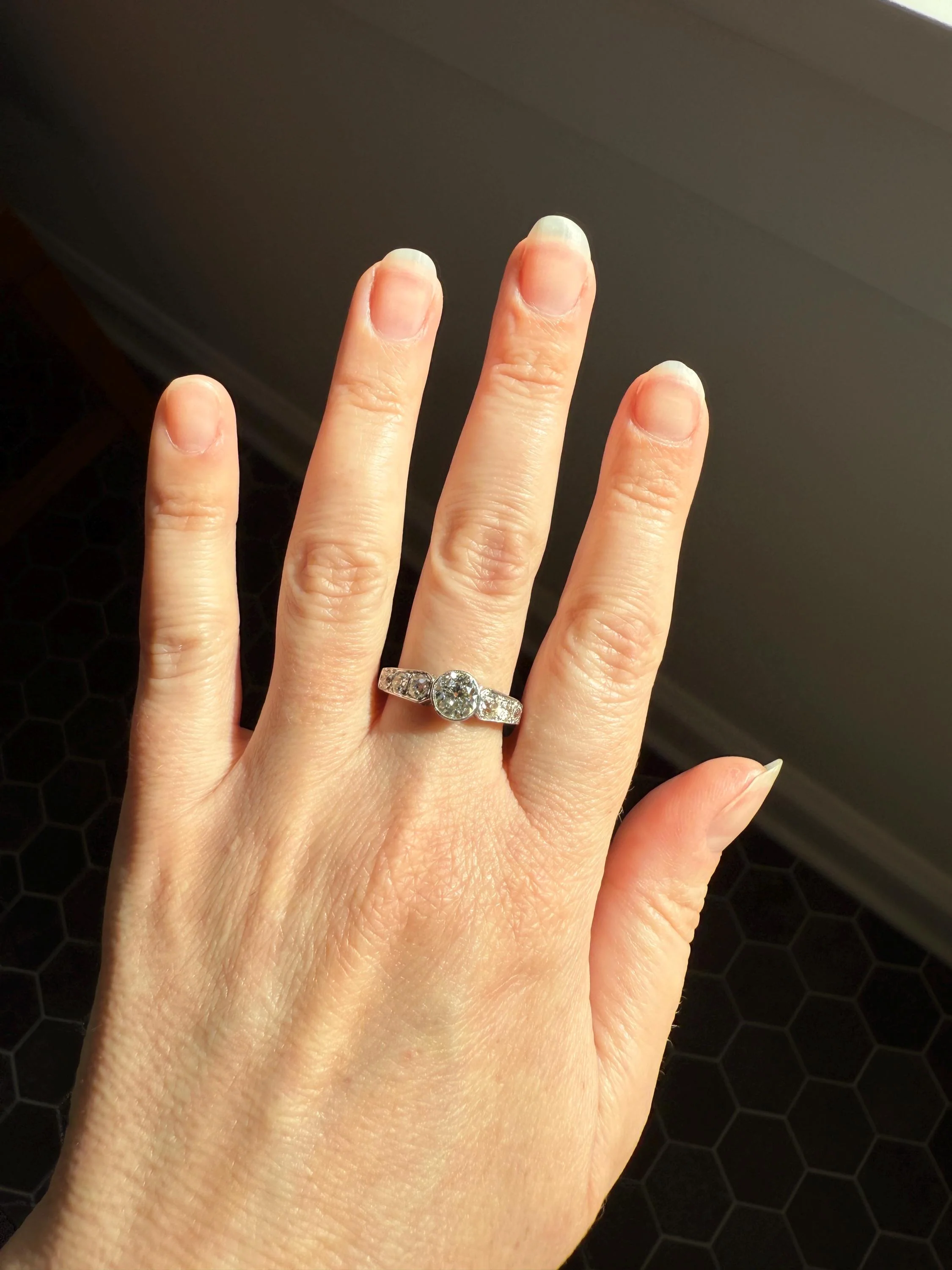 Art Deco Antique Bezel Set Eye Clean 1.85 Carat Tdw Old Mine Cut Diamond Seven Stone Solitaire w/ Accents 18k White Gold & Platinum - Image 19