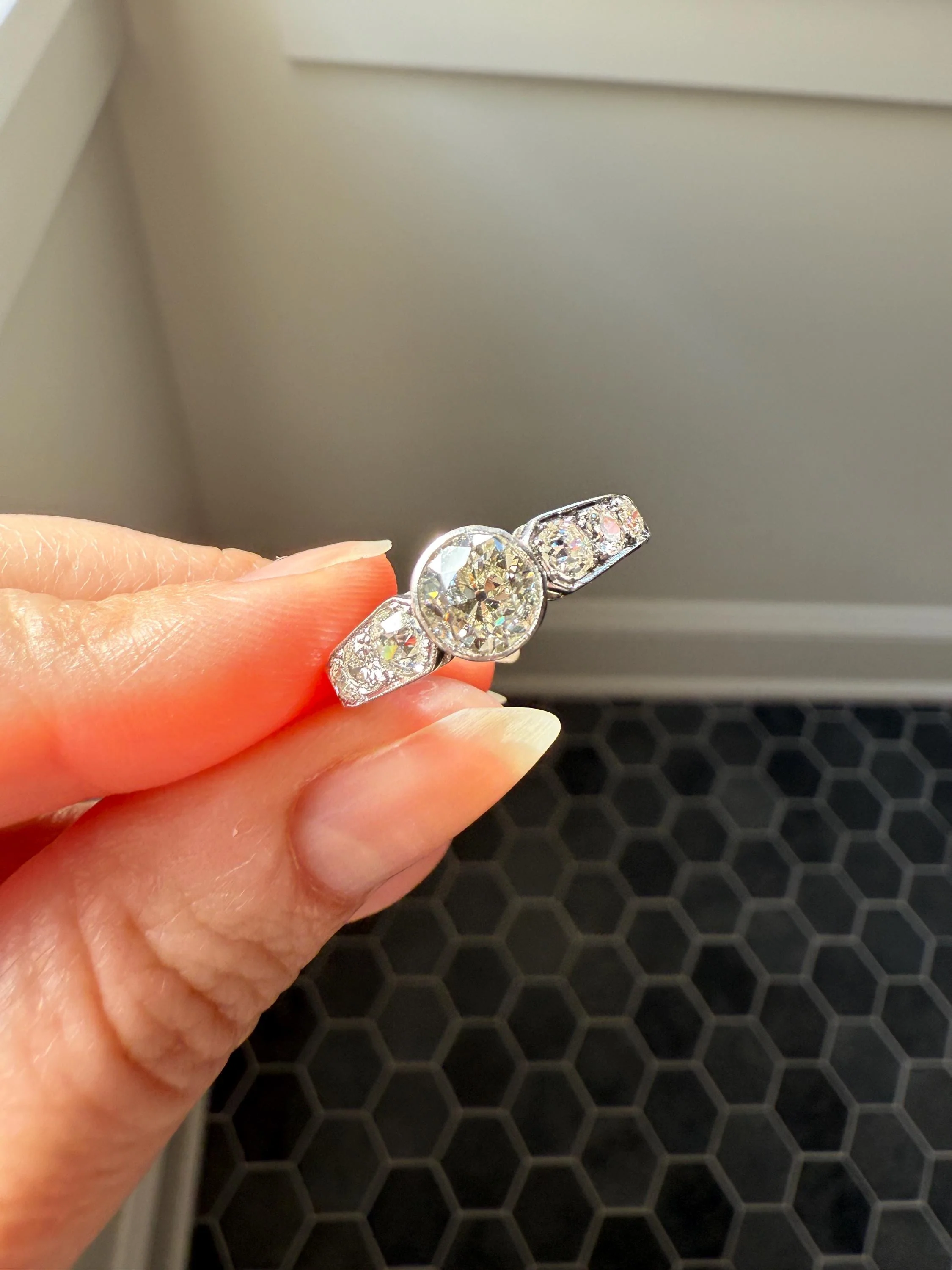 Art Deco Antique Bezel Set Eye Clean 1.85 Carat Tdw Old Mine Cut Diamond Seven Stone Solitaire w/ Accents 18k White Gold & Platinum - Image 3