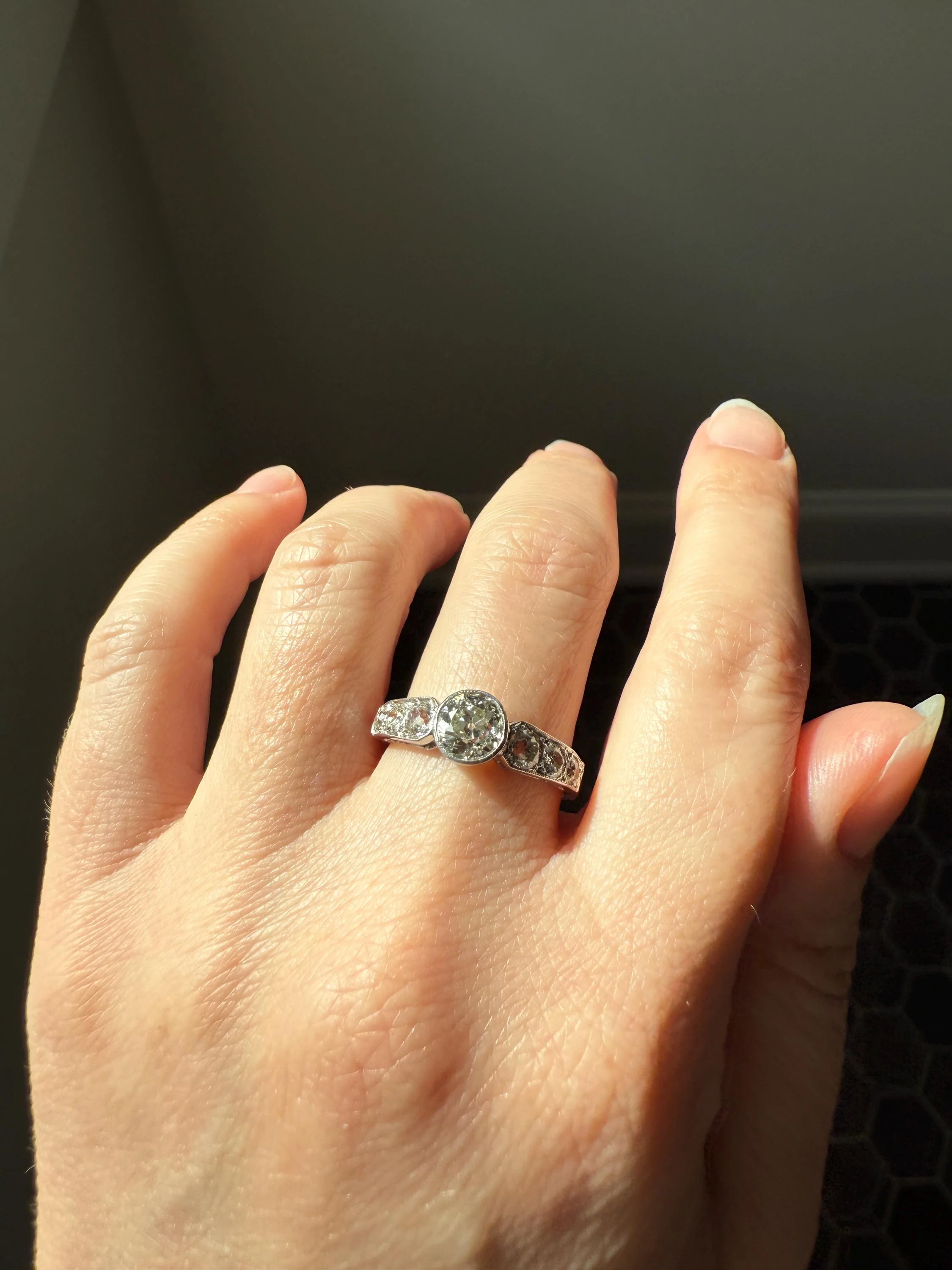 Art Deco Antique Bezel Set Eye Clean 1.85 Carat Tdw Old Mine Cut Diamond Seven Stone Solitaire w/ Accents 18k White Gold & Platinum - Image 5