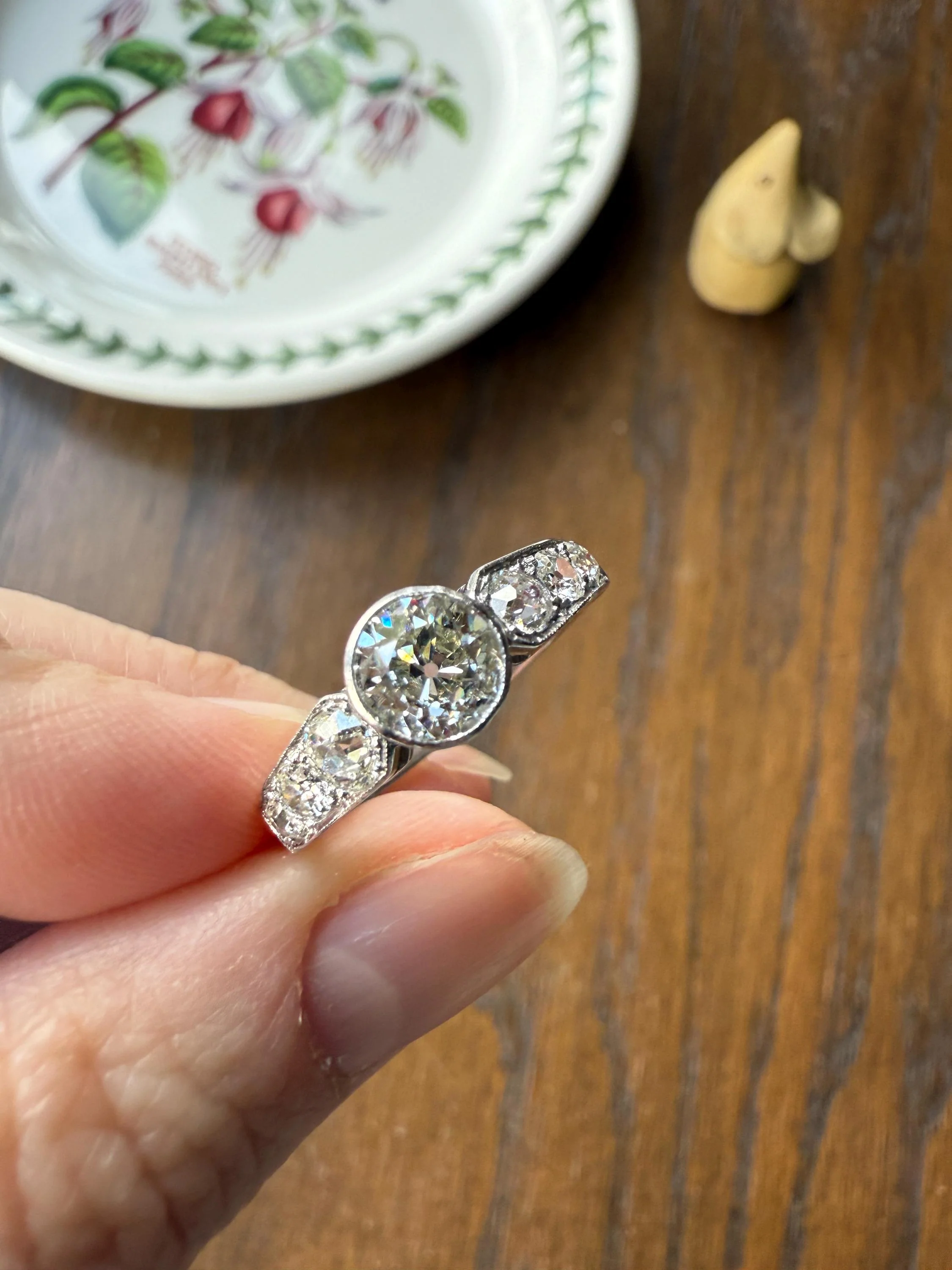Art Deco Antique Bezel Set Eye Clean 1.85 Carat Tdw Old Mine Cut Diamond Seven Stone Solitaire w/ Accents 18k White Gold & Platinum - Image 6