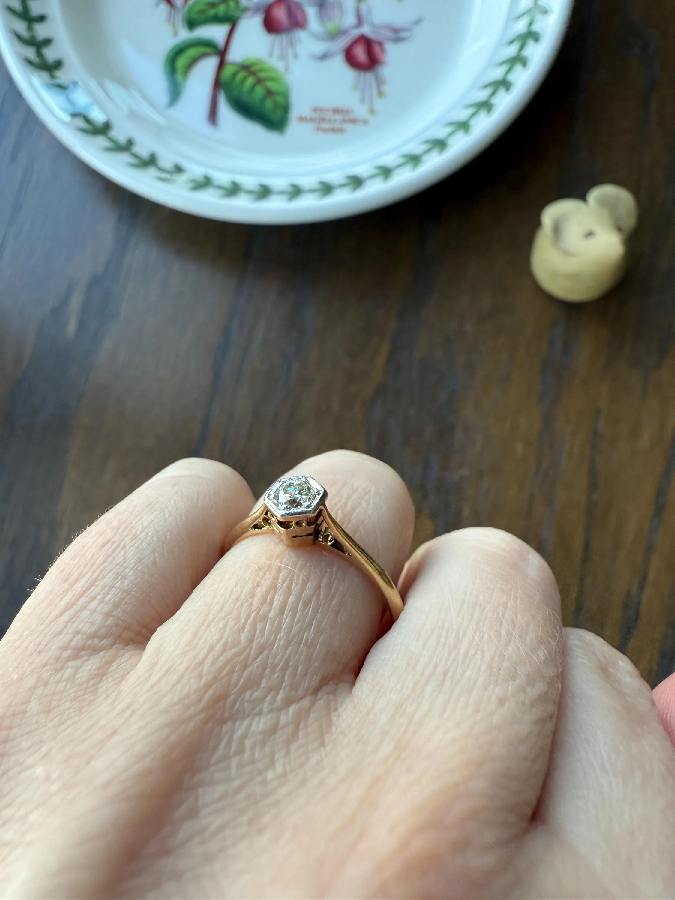 Art Deco HEXAGON Eye Clean Old Transitional Cut Diamond 18k Gold Platinum Ring Geometric Stacker Engagement Solitaire Minimalist - Image 11