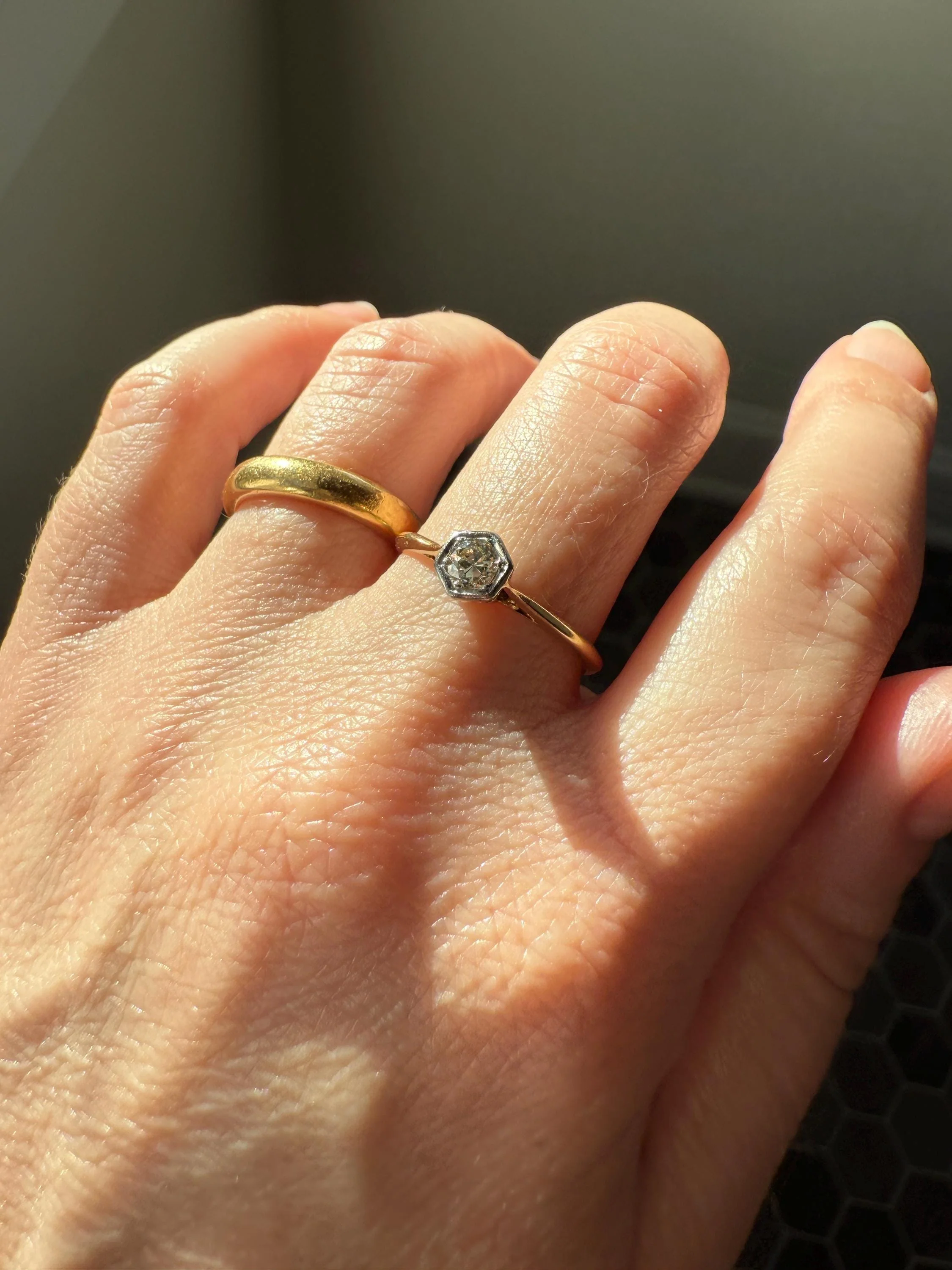 Art Deco HEXAGON Eye Clean Old Transitional Cut Diamond 18k Gold Platinum Ring Geometric Stacker Engagement Solitaire Minimalist - Image 12