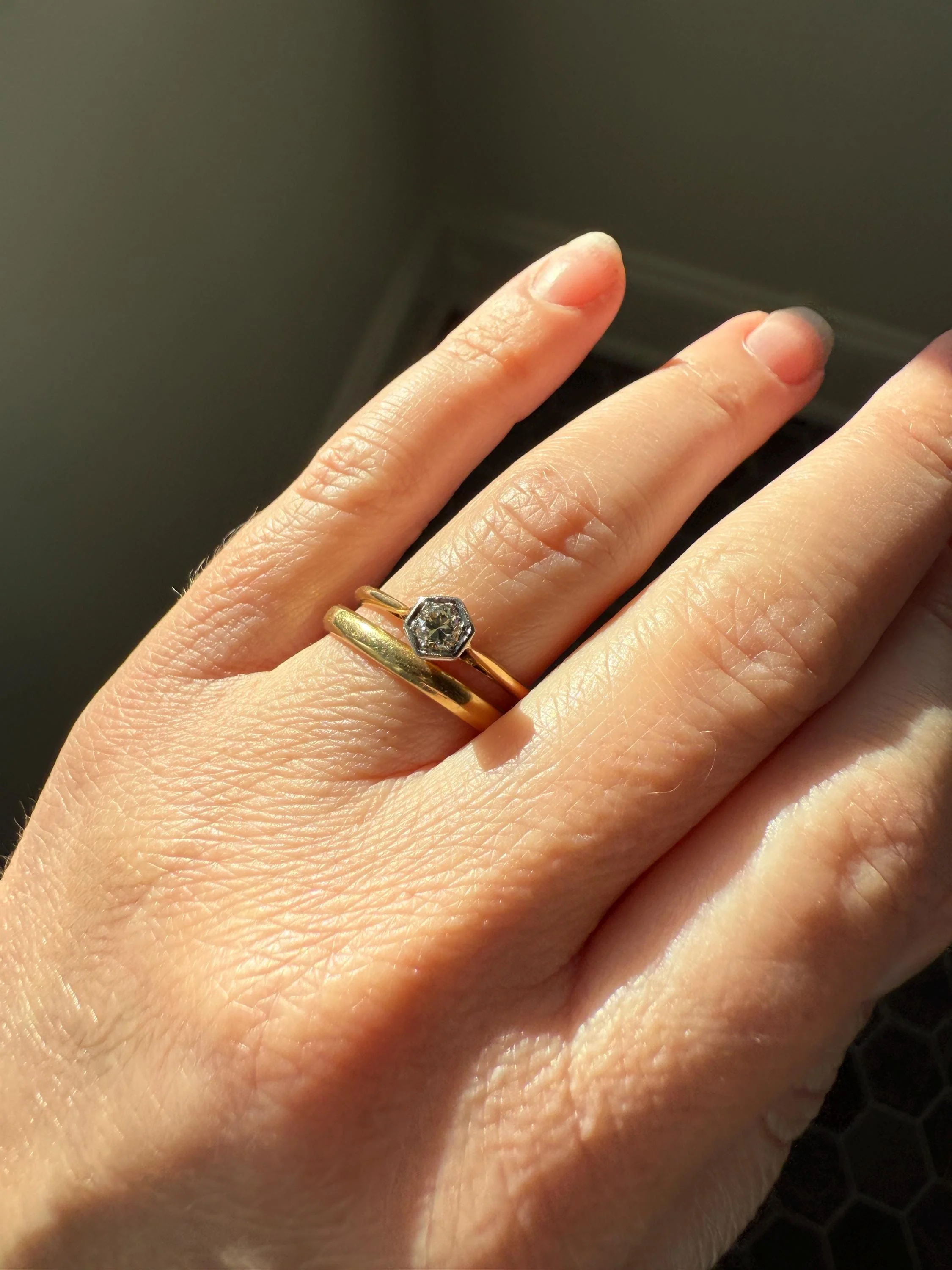 Art Deco HEXAGON Eye Clean Old Transitional Cut Diamond 18k Gold Platinum Ring Geometric Stacker Engagement Solitaire Minimalist - Image 13