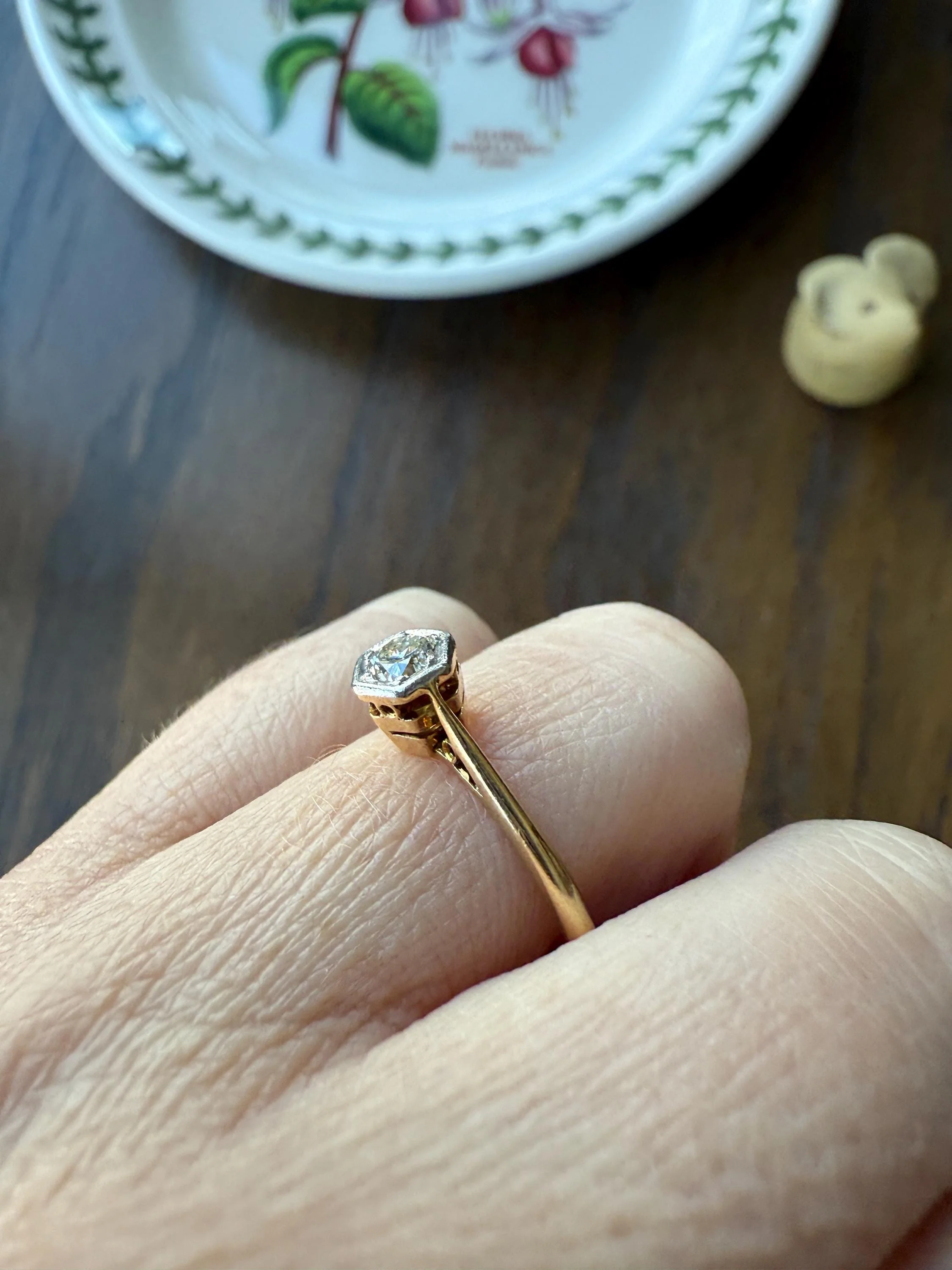 Art Deco HEXAGON Eye Clean Old Transitional Cut Diamond 18k Gold Platinum Ring Geometric Stacker Engagement Solitaire Minimalist - Image 14