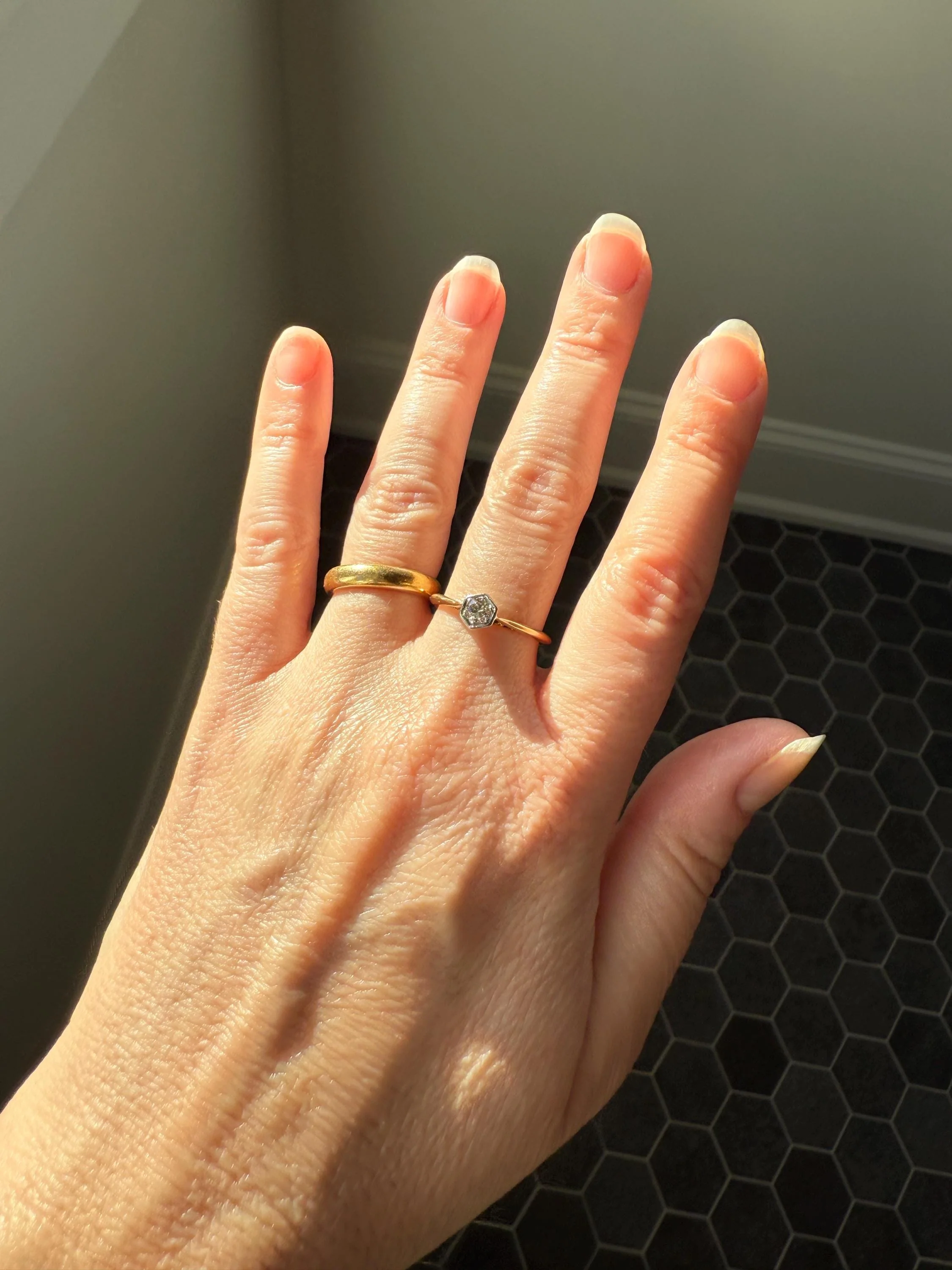 Art Deco HEXAGON Eye Clean Old Transitional Cut Diamond 18k Gold Platinum Ring Geometric Stacker Engagement Solitaire Minimalist - Image 16