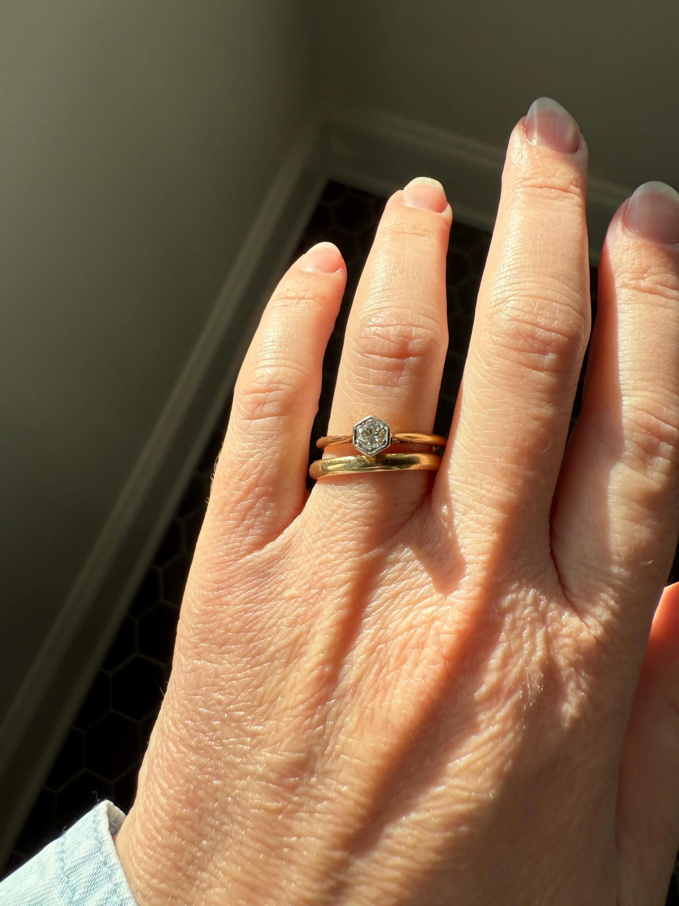 Art Deco HEXAGON Eye Clean Old Transitional Cut Diamond 18k Gold Platinum Ring Geometric Stacker Engagement Solitaire Minimalist - Image 17