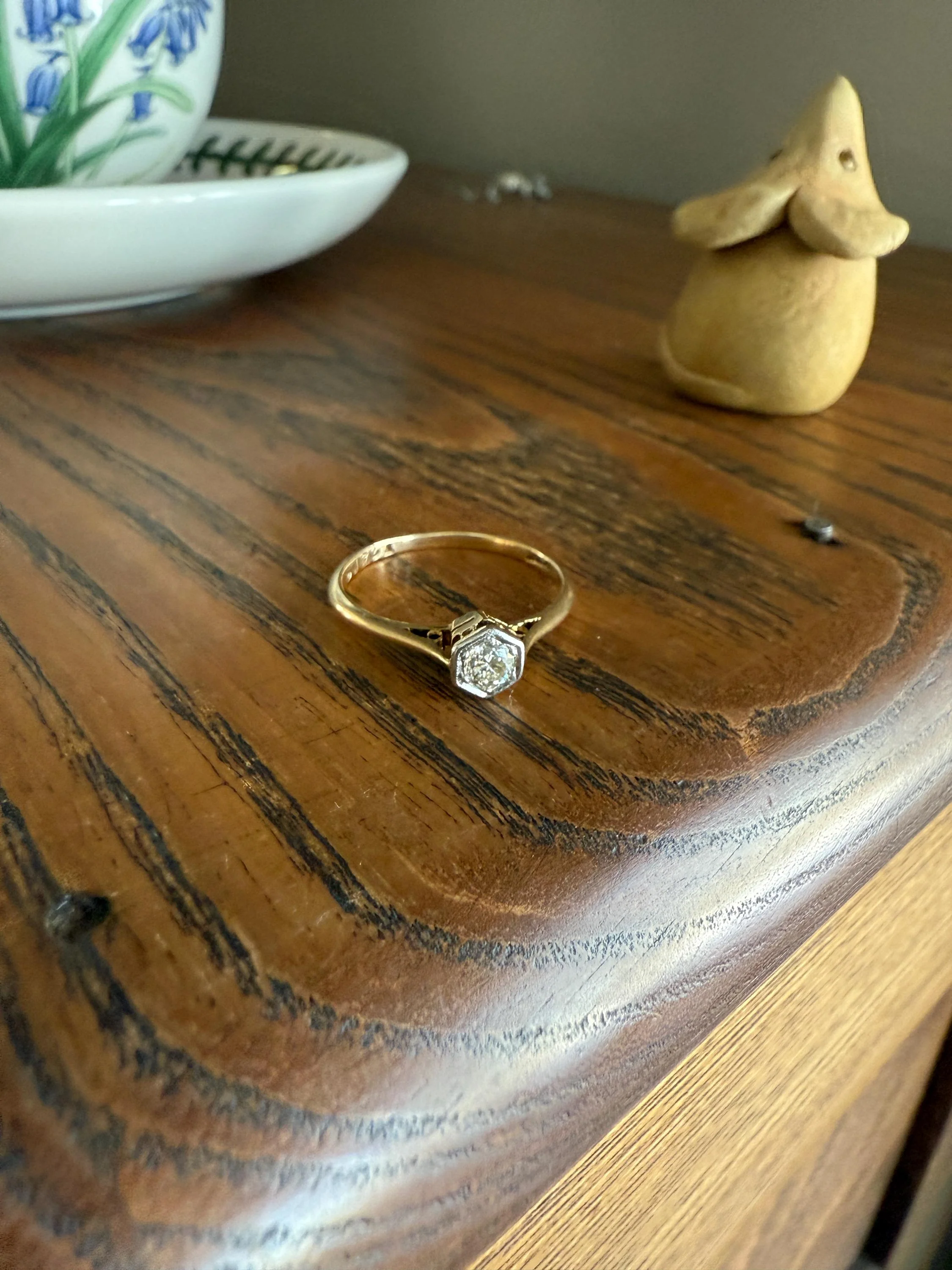 Art Deco HEXAGON Eye Clean Old Transitional Cut Diamond 18k Gold Platinum Ring Geometric Stacker Engagement Solitaire Minimalist - Image 19