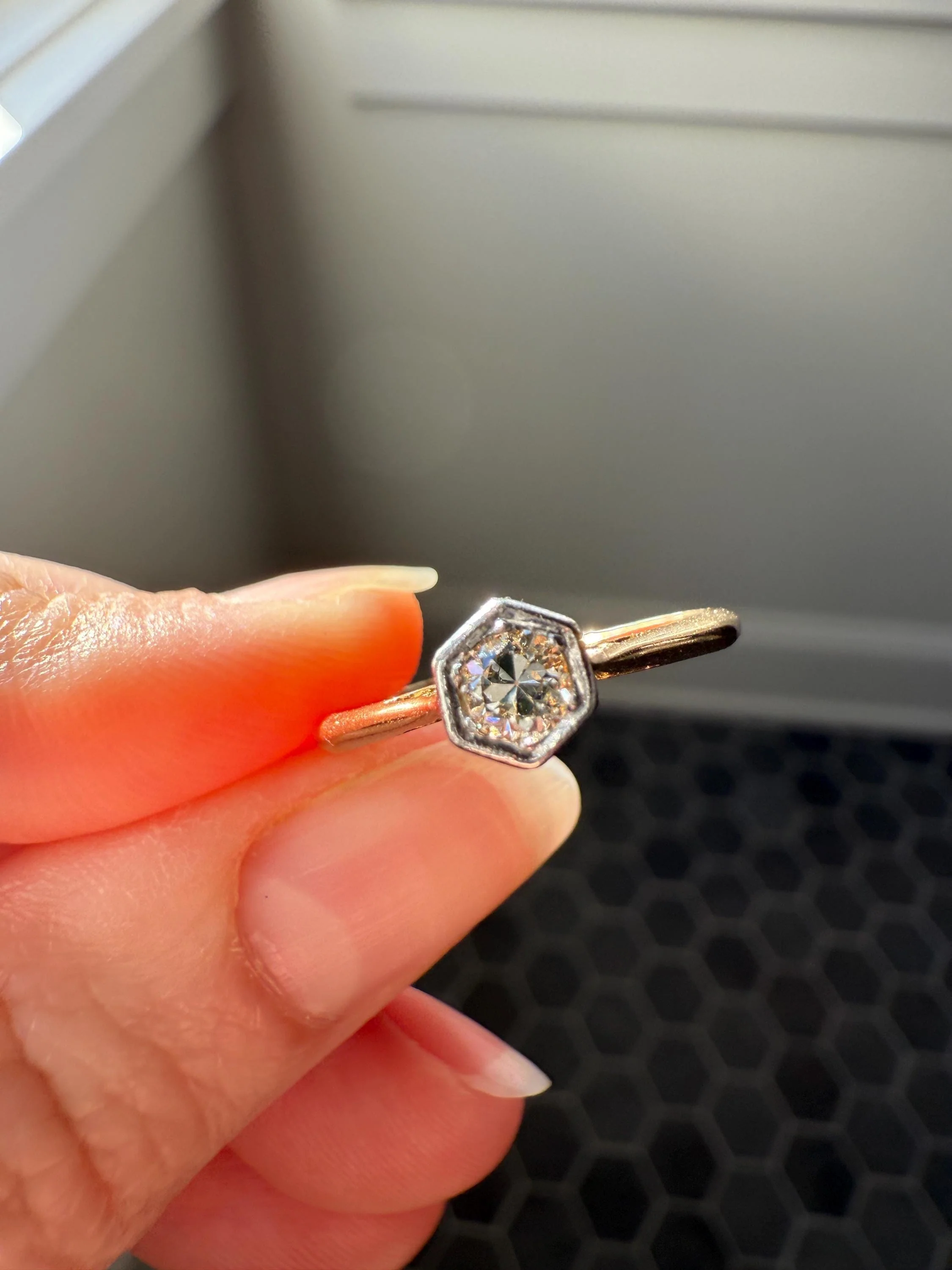 Art Deco HEXAGON Eye Clean Old Transitional Cut Diamond 18k Gold Platinum Ring Geometric Stacker Engagement Solitaire Minimalist - Image 2