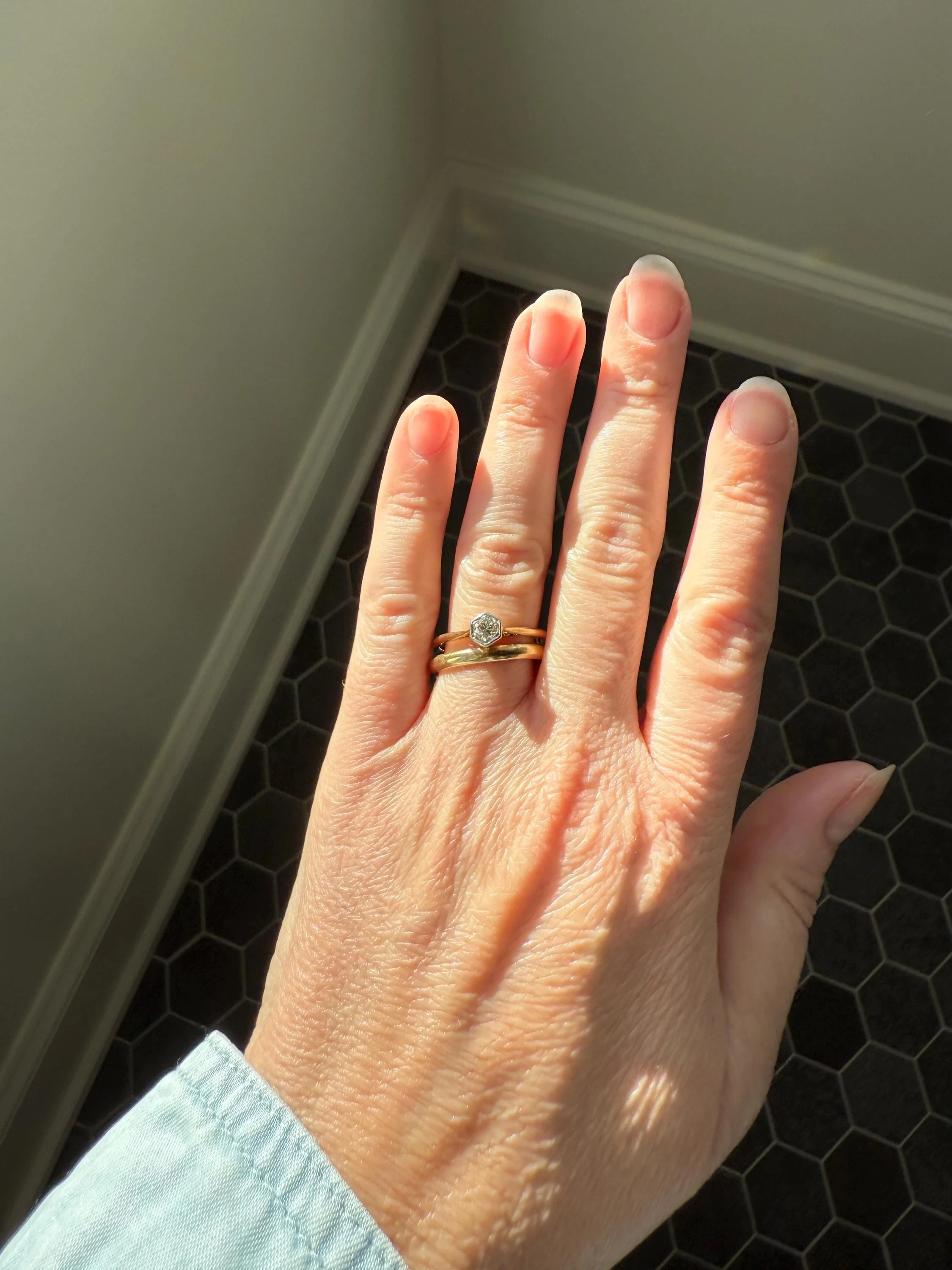 Art Deco HEXAGON Eye Clean Old Transitional Cut Diamond 18k Gold Platinum Ring Geometric Stacker Engagement Solitaire Minimalist - Image 4