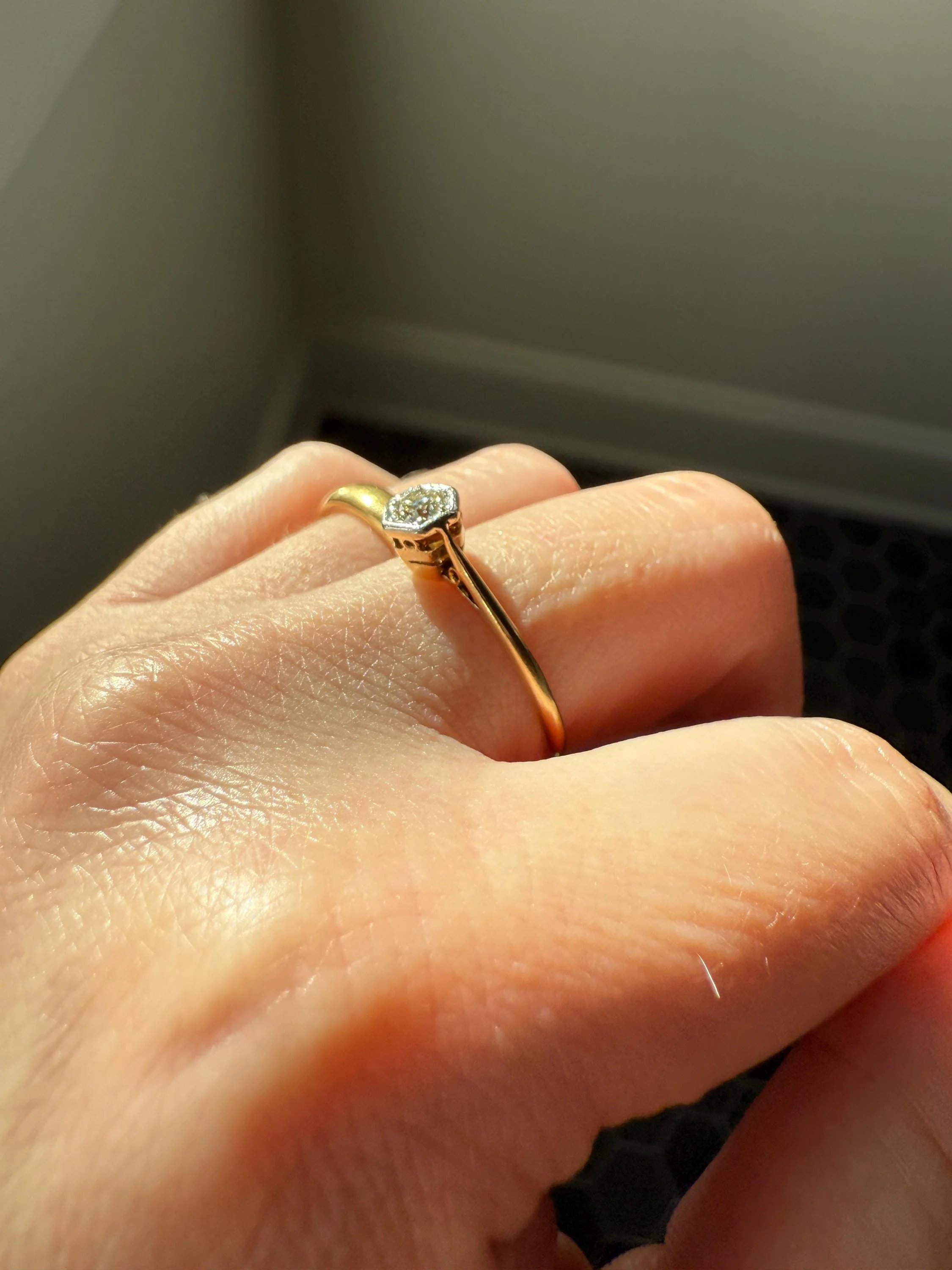 Art Deco HEXAGON Eye Clean Old Transitional Cut Diamond 18k Gold Platinum Ring Geometric Stacker Engagement Solitaire Minimalist - Image 5