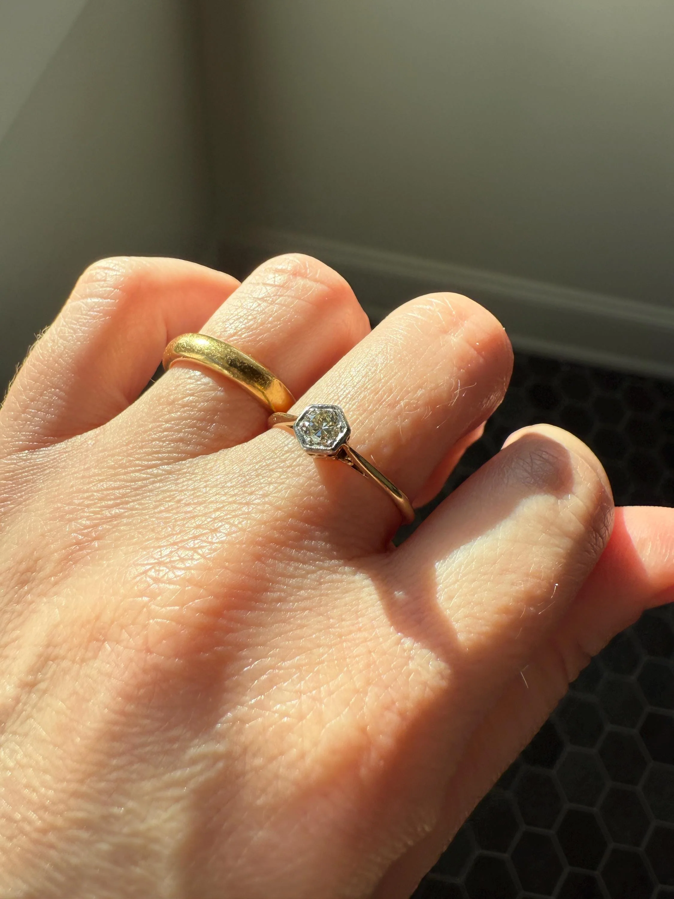 Art Deco HEXAGON Eye Clean Old Transitional Cut Diamond 18k Gold Platinum Ring Geometric Stacker Engagement Solitaire Minimalist - Image 6