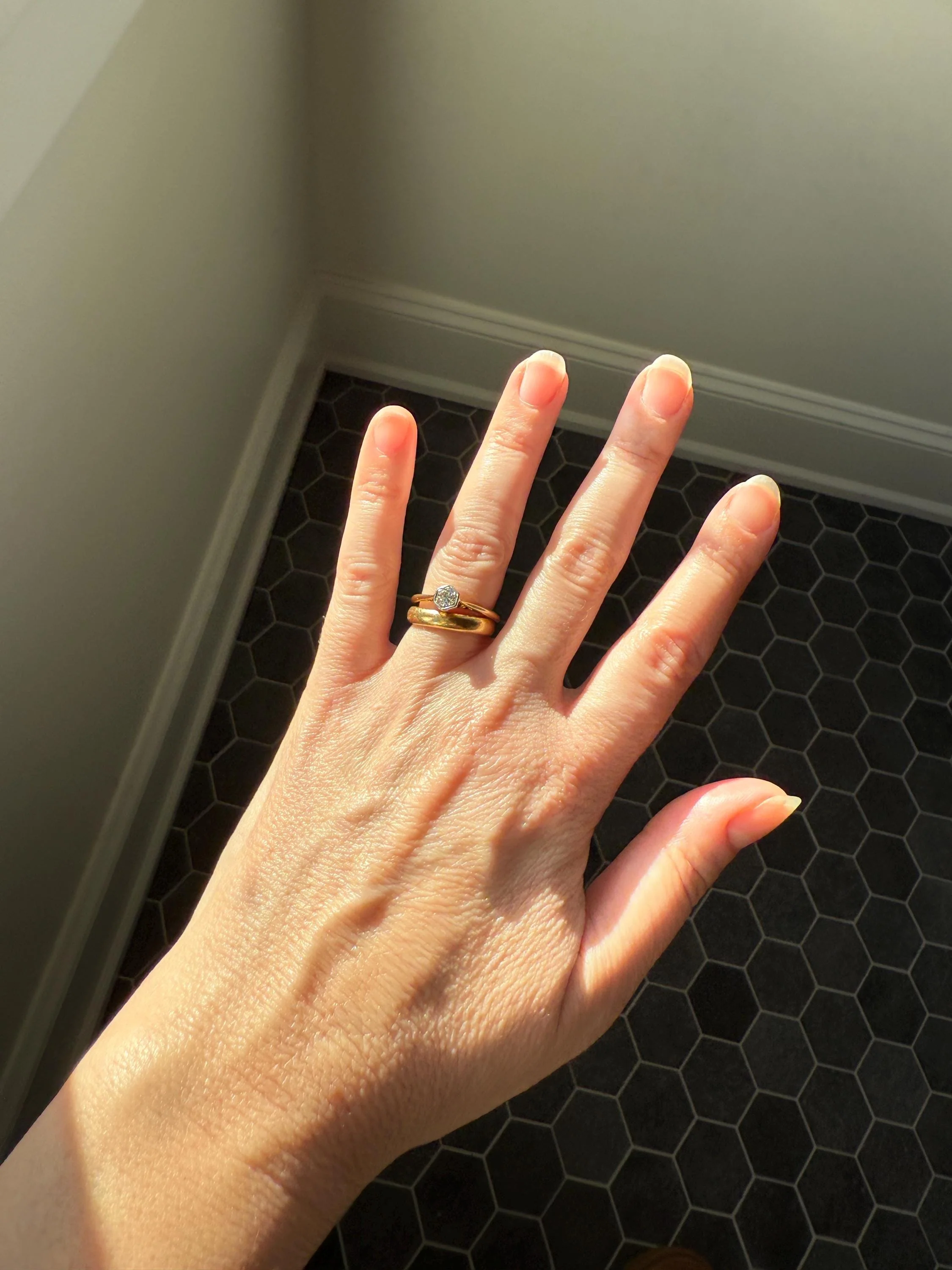 Art Deco HEXAGON Eye Clean Old Transitional Cut Diamond 18k Gold Platinum Ring Geometric Stacker Engagement Solitaire Minimalist - Image 8