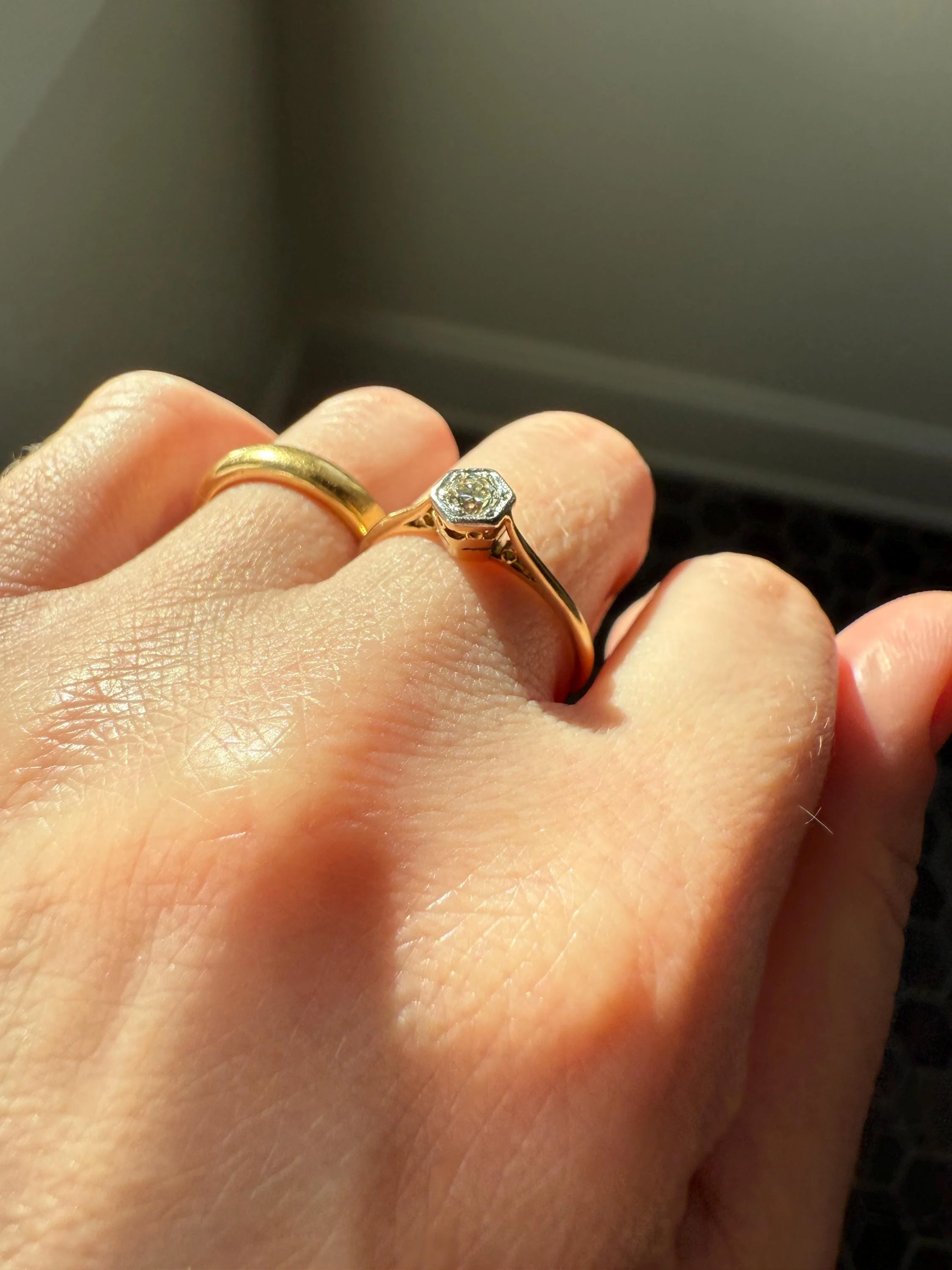 Art Deco HEXAGON Eye Clean Old Transitional Cut Diamond 18k Gold Platinum Ring Geometric Stacker Engagement Solitaire Minimalist - Image 9