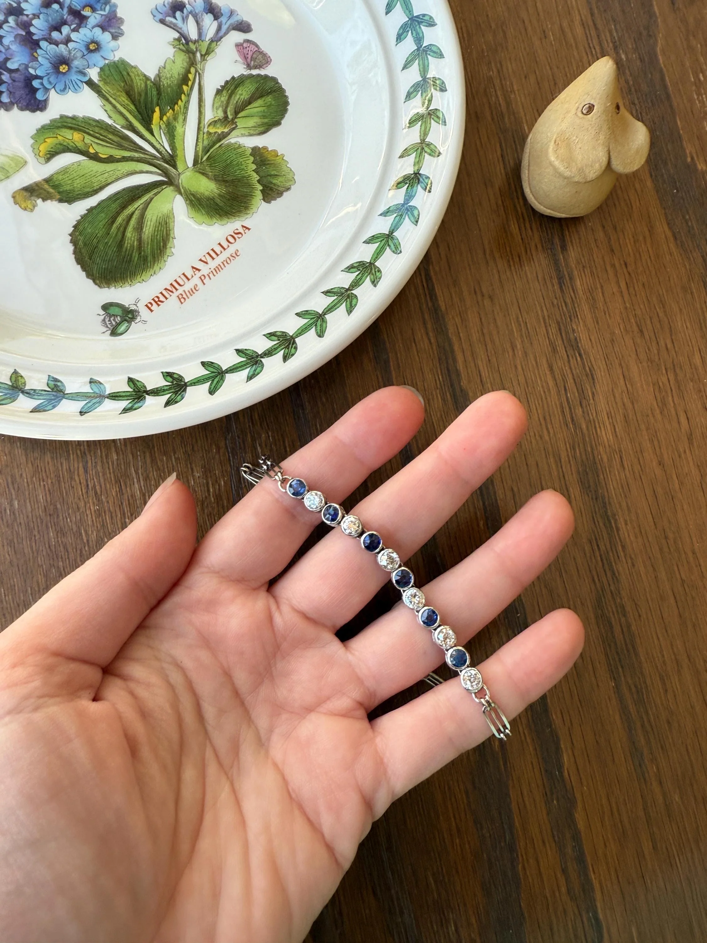 Art Deco SAPPHIRE Old Mine & Transitional Cut DIAMOND Tennis Bracelet 18k White Gold Vintage Bezel Set Milgrain Wriststack - Image 11