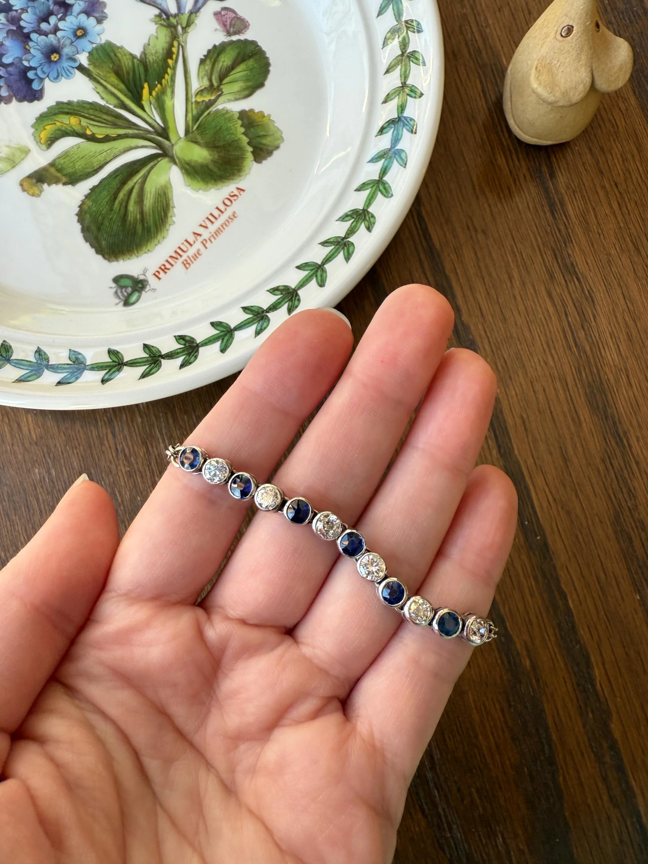 Art Deco SAPPHIRE Old Mine & Transitional Cut DIAMOND Tennis Bracelet 18k White Gold Vintage Bezel Set Milgrain Wriststack - Image 13