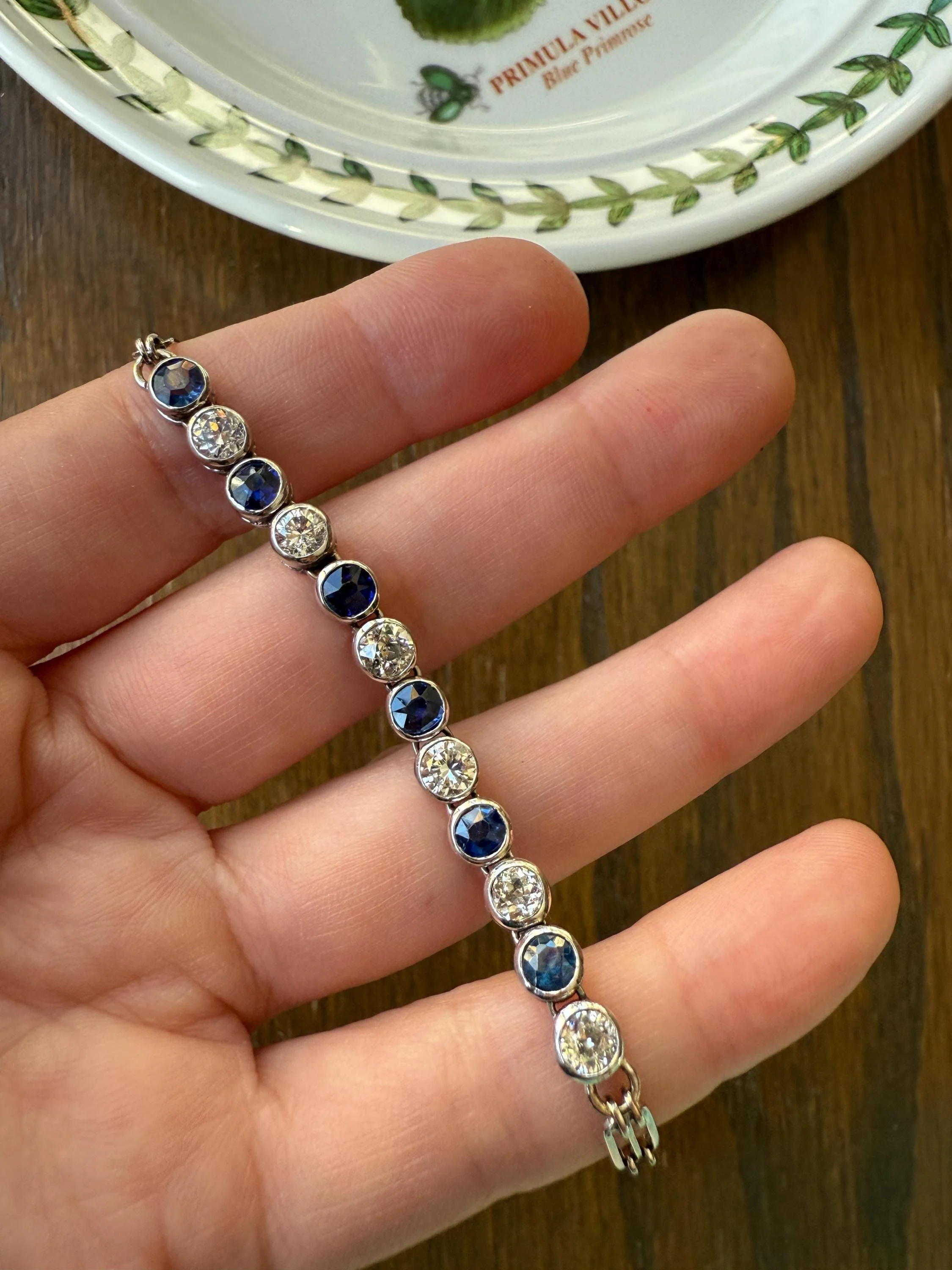 Art Deco SAPPHIRE Old Mine & Transitional Cut DIAMOND Tennis Bracelet 18k White Gold Vintage Bezel Set Milgrain Wriststack - Image 15