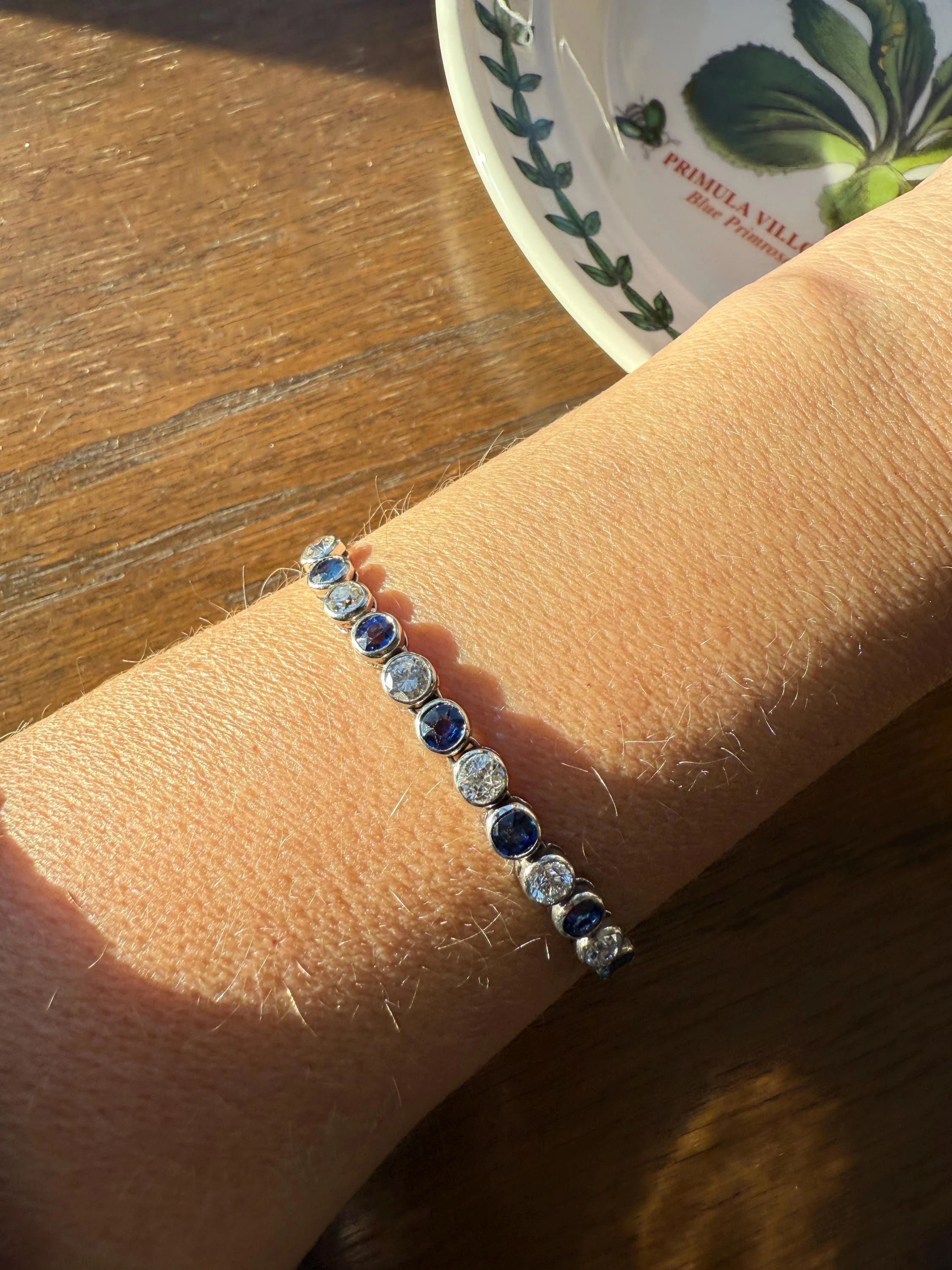 Art Deco SAPPHIRE Old Mine & Transitional Cut DIAMOND Tennis Bracelet 18k White Gold Vintage Bezel Set Milgrain Wriststack - Image 18