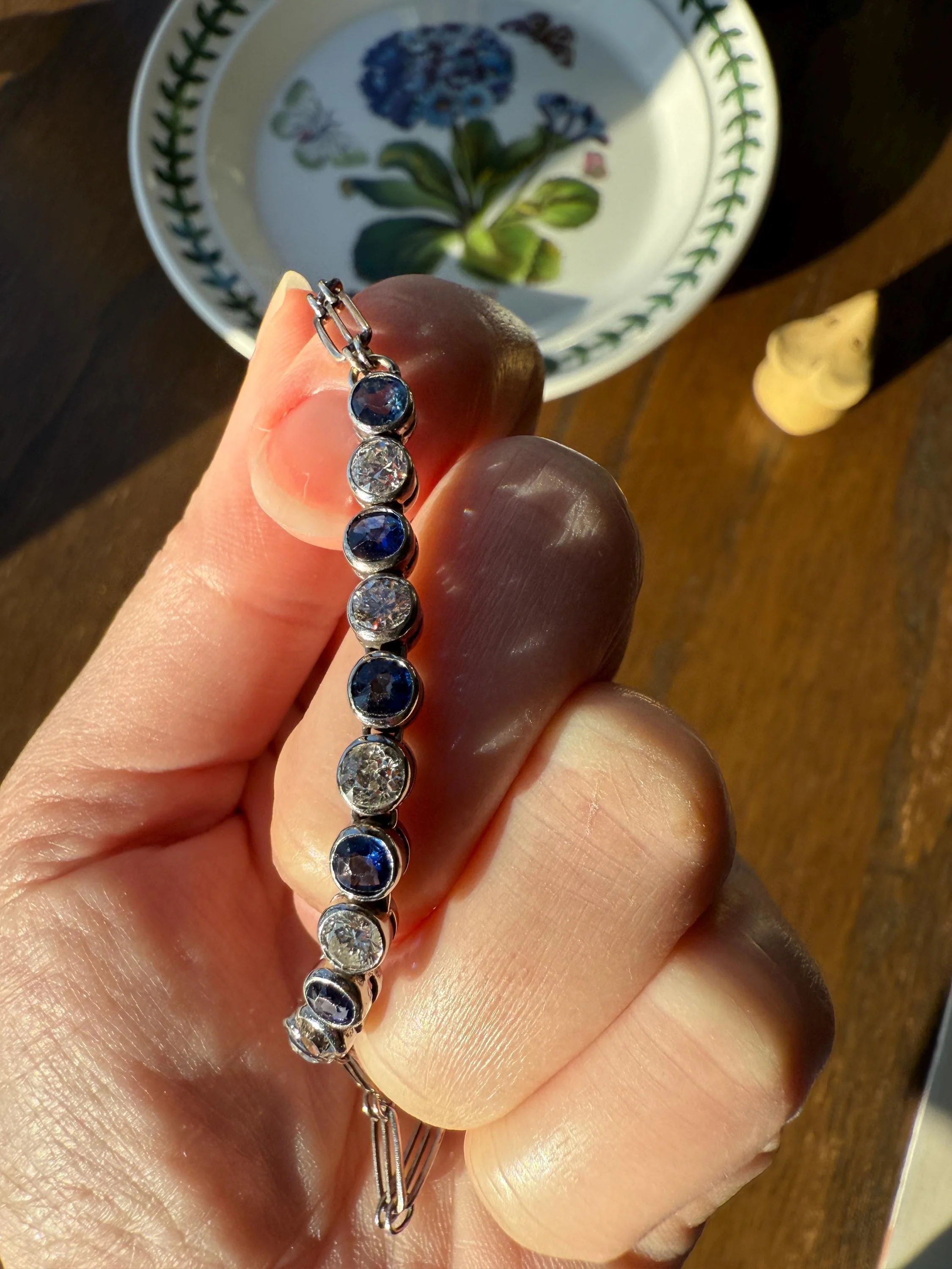 Art Deco SAPPHIRE Old Mine & Transitional Cut DIAMOND Tennis Bracelet 18k White Gold Vintage Bezel Set Milgrain Wriststack - Image 19