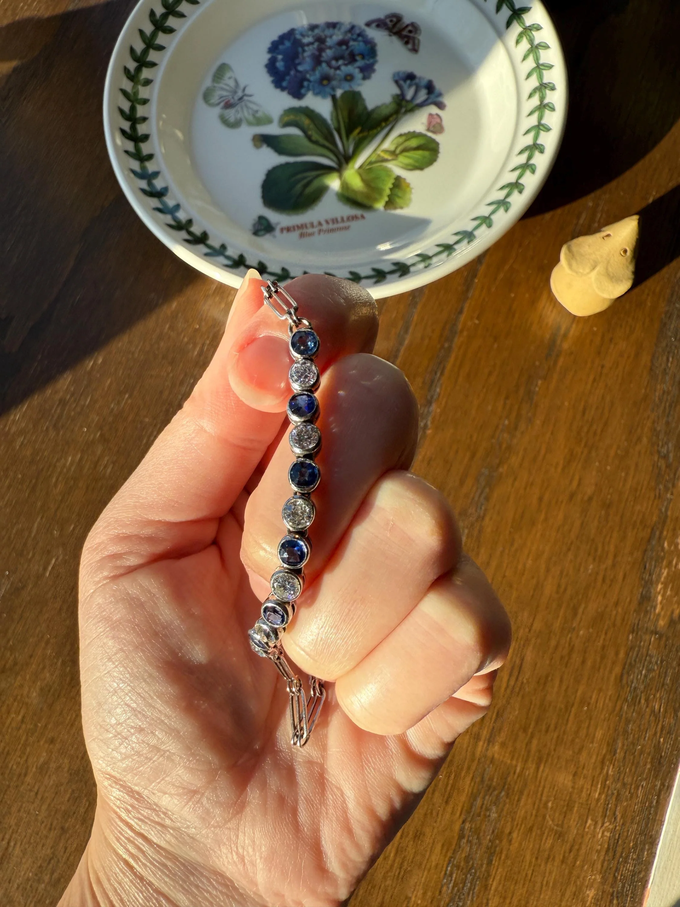 Art Deco SAPPHIRE Old Mine & Transitional Cut DIAMOND Tennis Bracelet 18k White Gold Vintage Bezel Set Milgrain Wriststack - Image 2