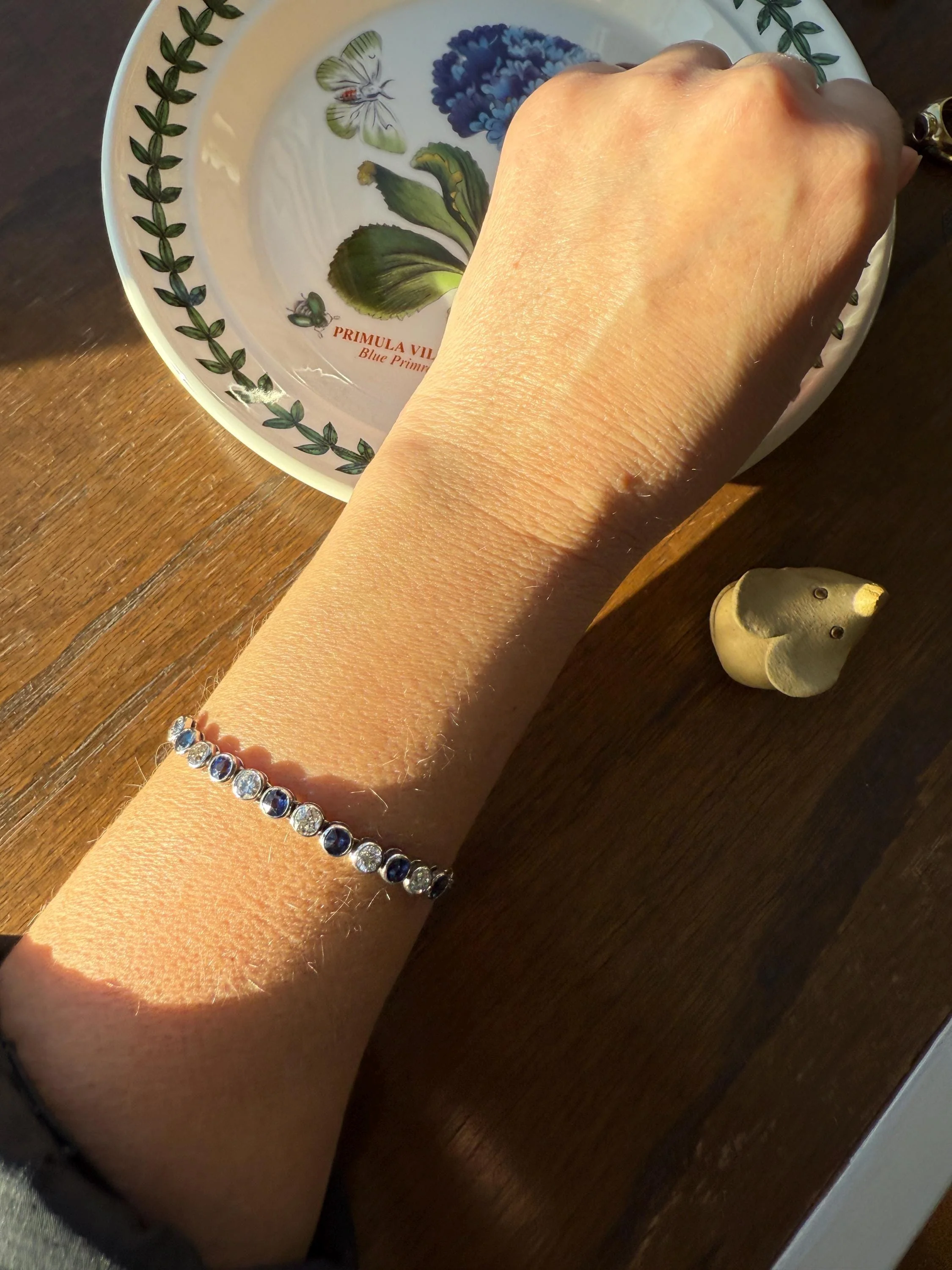 Art Deco SAPPHIRE Old Mine & Transitional Cut DIAMOND Tennis Bracelet 18k White Gold Vintage Bezel Set Milgrain Wriststack - Image 3