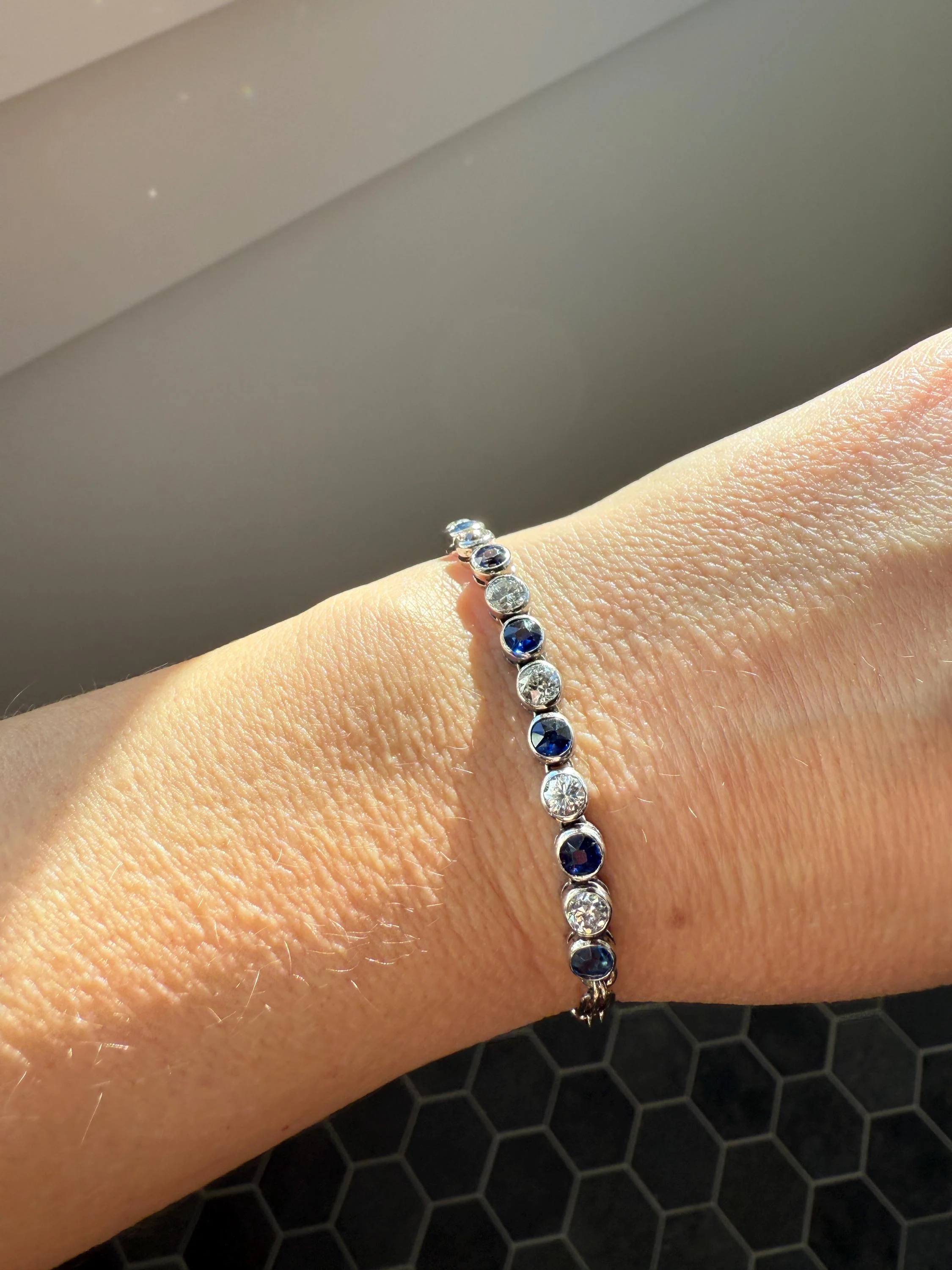 Art Deco SAPPHIRE Old Mine & Transitional Cut DIAMOND Tennis Bracelet 18k White Gold Vintage Bezel Set Milgrain Wriststack - Image 4