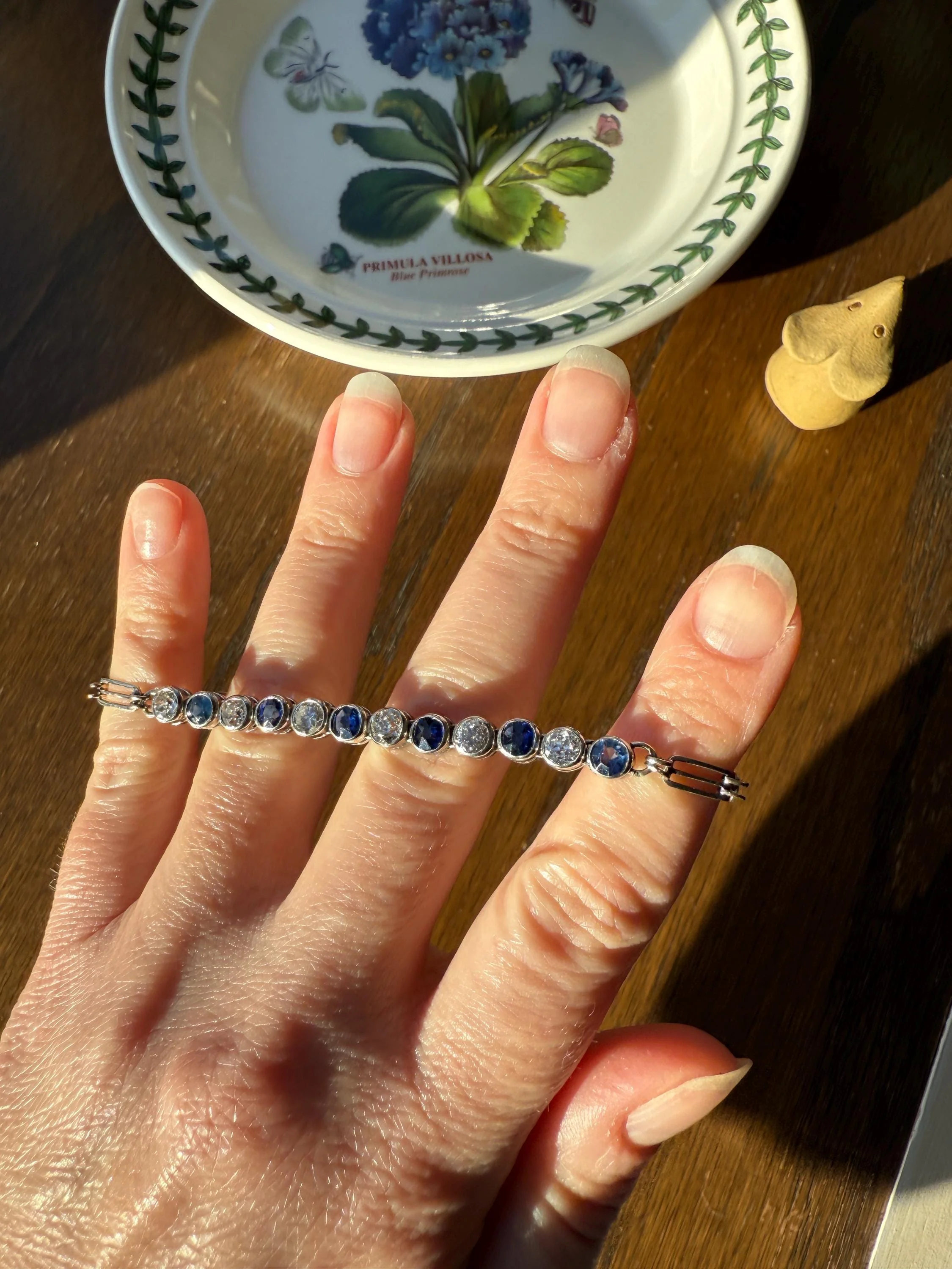 Art Deco SAPPHIRE Old Mine & Transitional Cut DIAMOND Tennis Bracelet 18k White Gold Vintage Bezel Set Milgrain Wriststack - Image 5