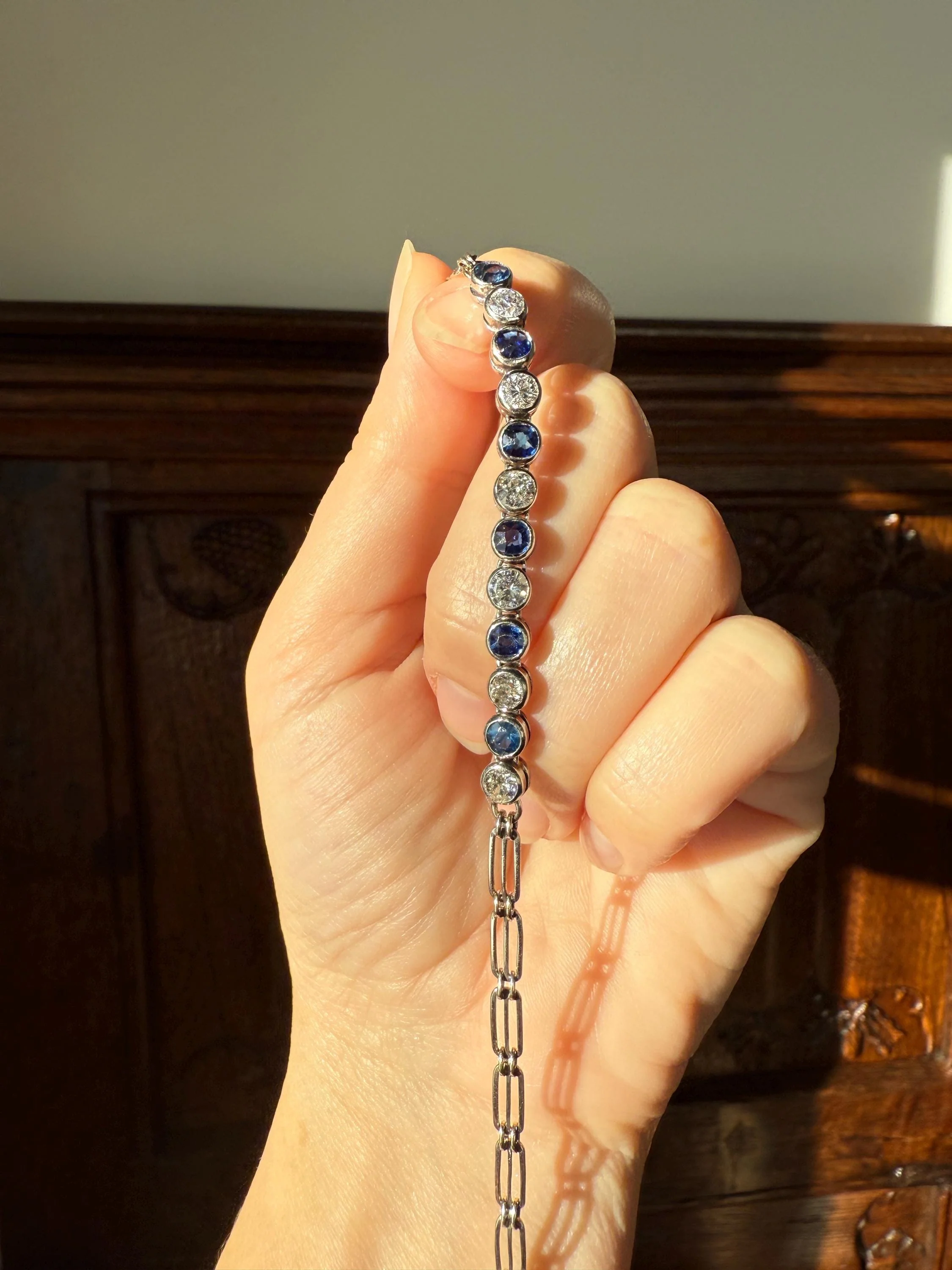 Art Deco SAPPHIRE Old Mine & Transitional Cut DIAMOND Tennis Bracelet 18k White Gold Vintage Bezel Set Milgrain Wriststack - Image 6